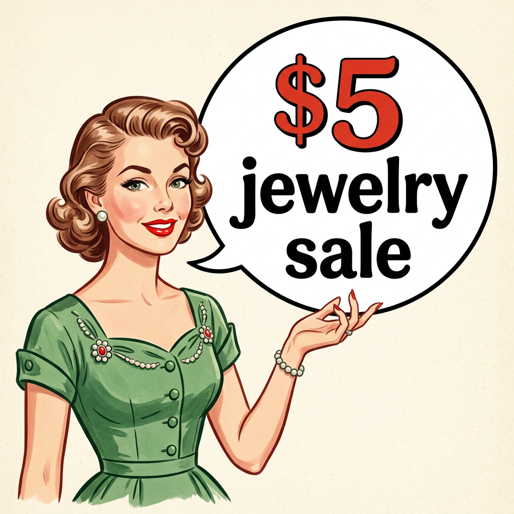1950s lady with a speech bubble saying $5 jewelry sale