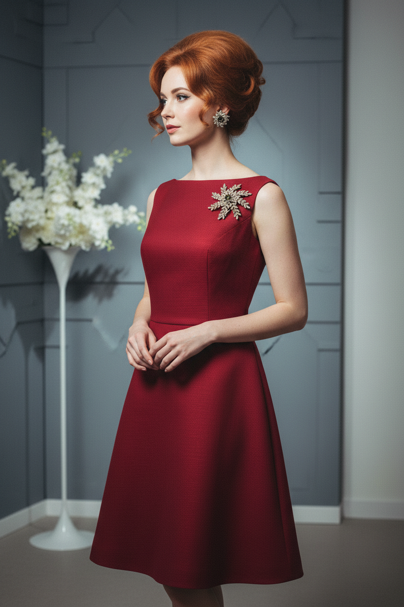 1960s model wearing Sarah Coventry Evening Snowflake jewelry with smaller brooch