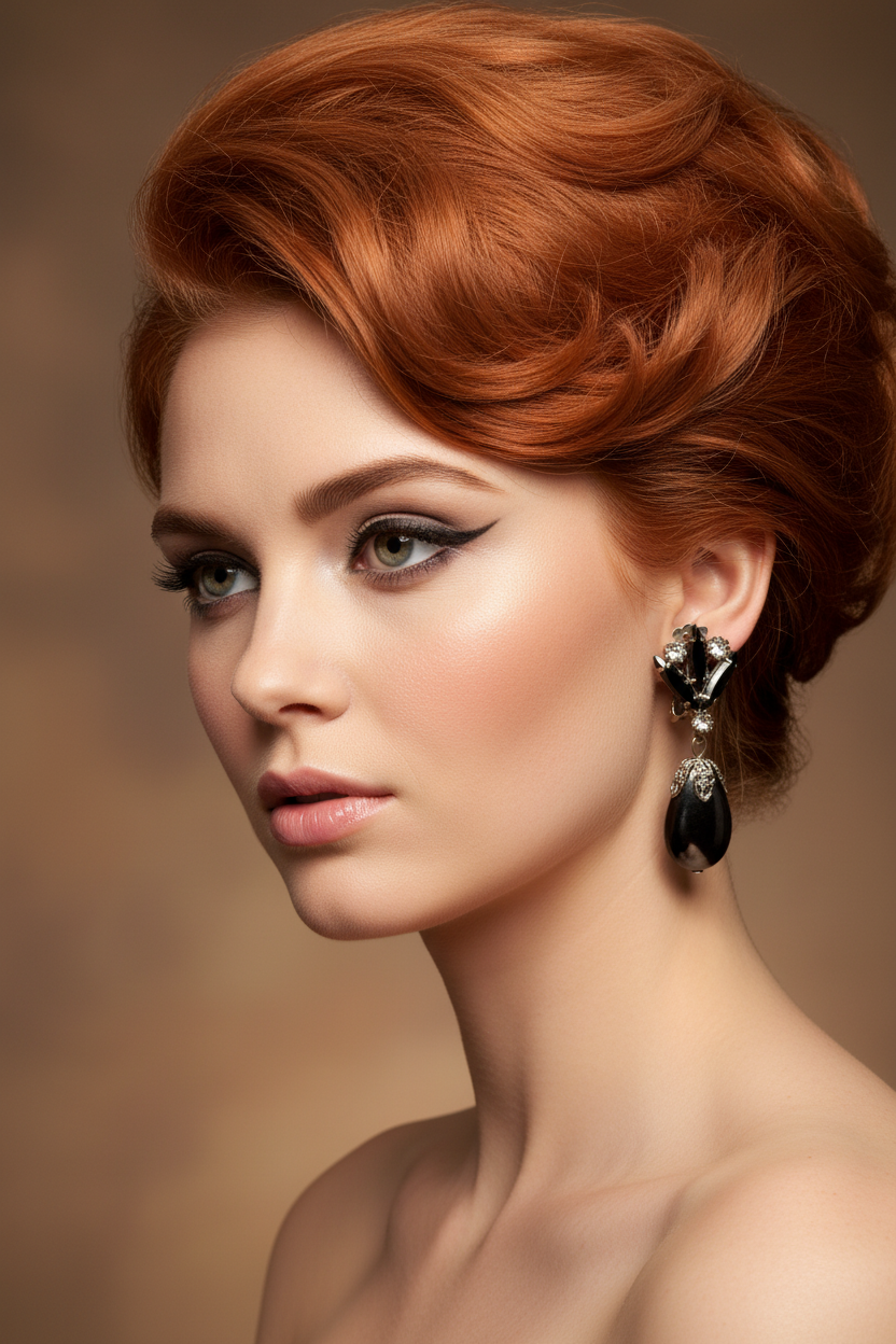 1960s model with red hair wearing smaller vintage earrings