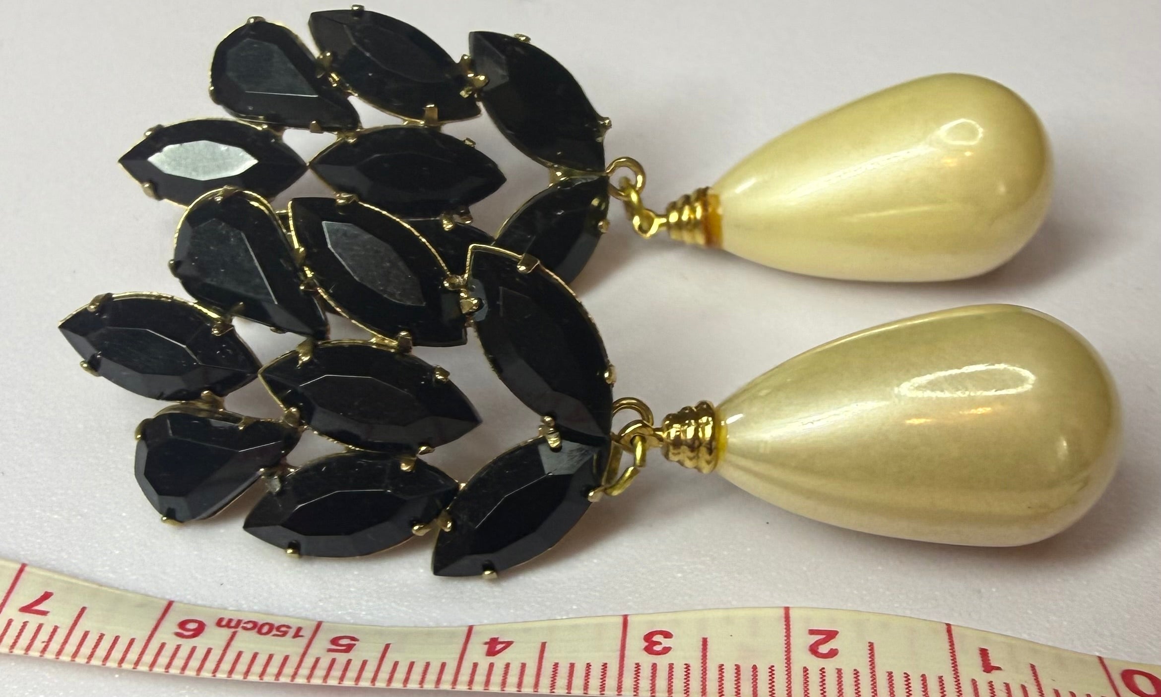 Vintage Black Pronged Rhinestone and Faux Pearl Dangle Earring - Hollywood Glamour - Peppermint-Twist-Vintage.com