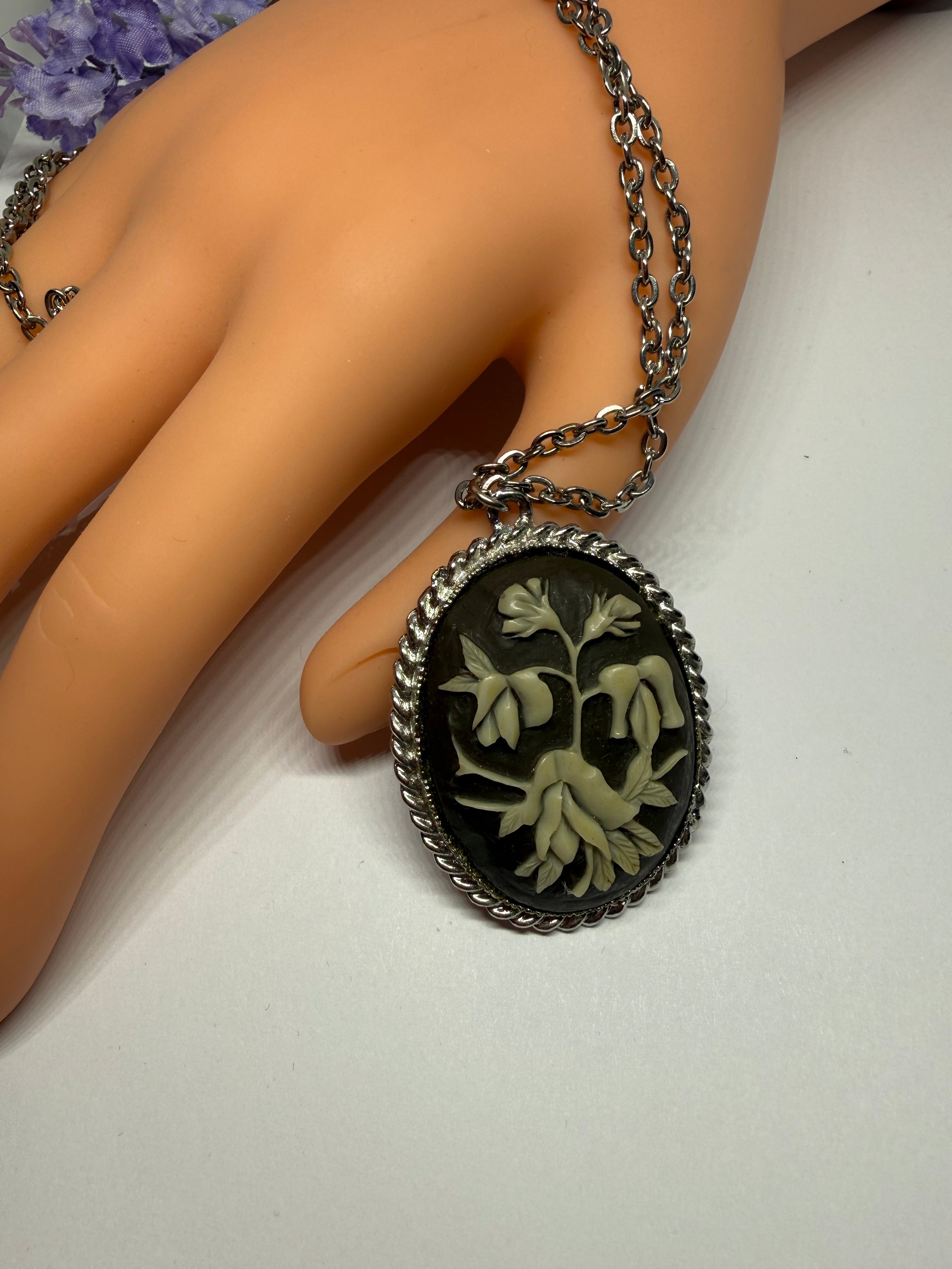 Vintage Black Floral Cameo Brooch and Pendant