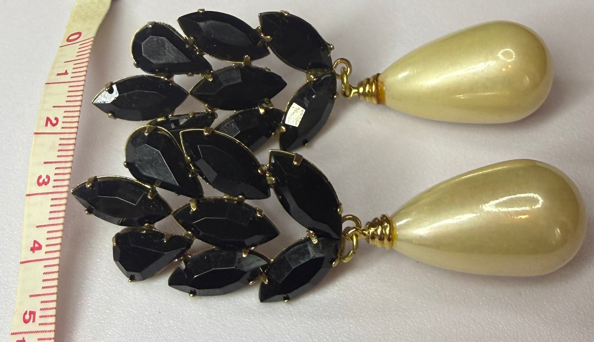 Vintage Black Pronged Rhinestone and Faux Pearl Dangle Earring - Hollywood Glamour - Peppermint-Twist-Vintage.com