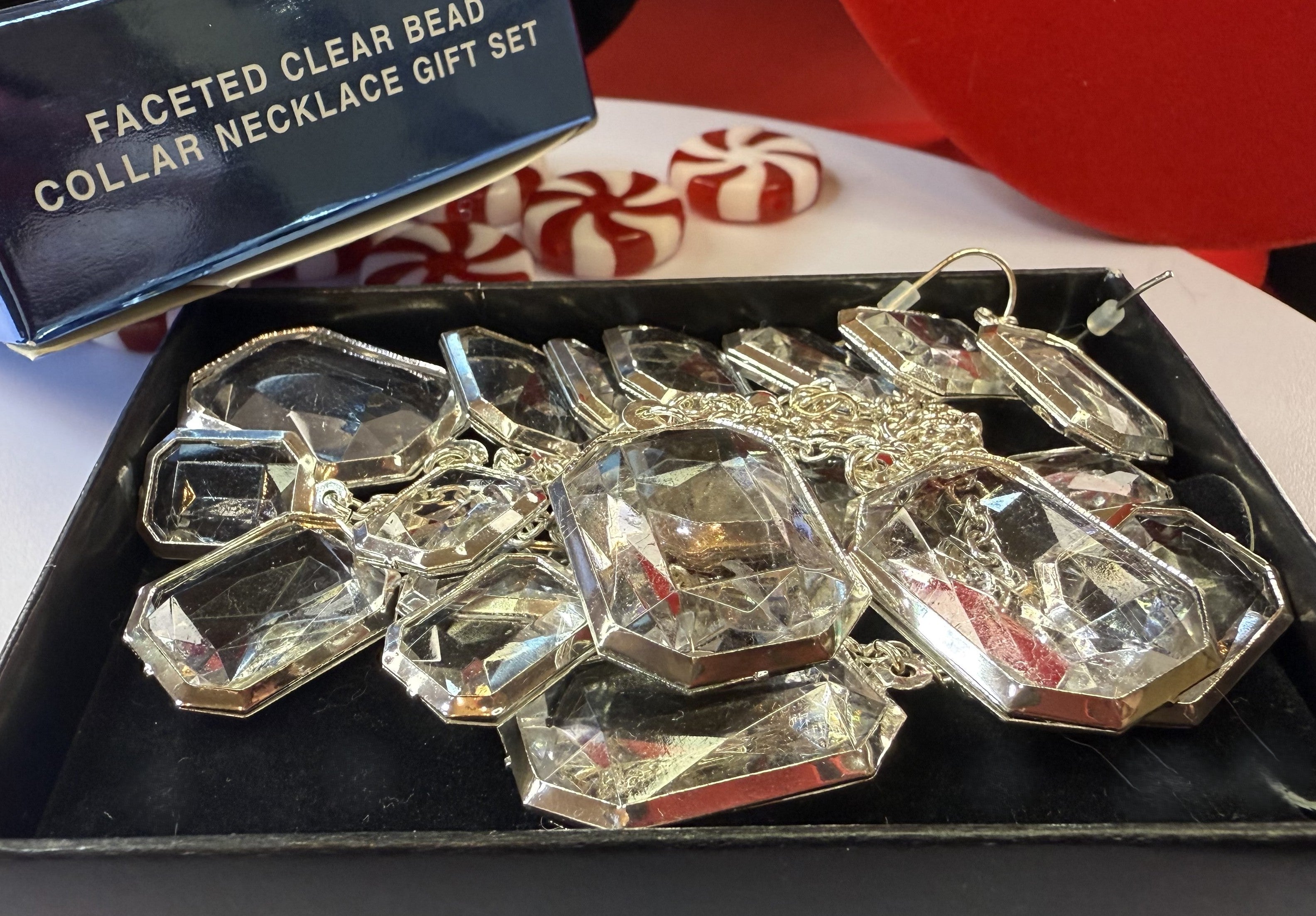 Avon - In Box Faceted Clear Bead Necklace with Carving - Peppermint-Twist-Vintage.com