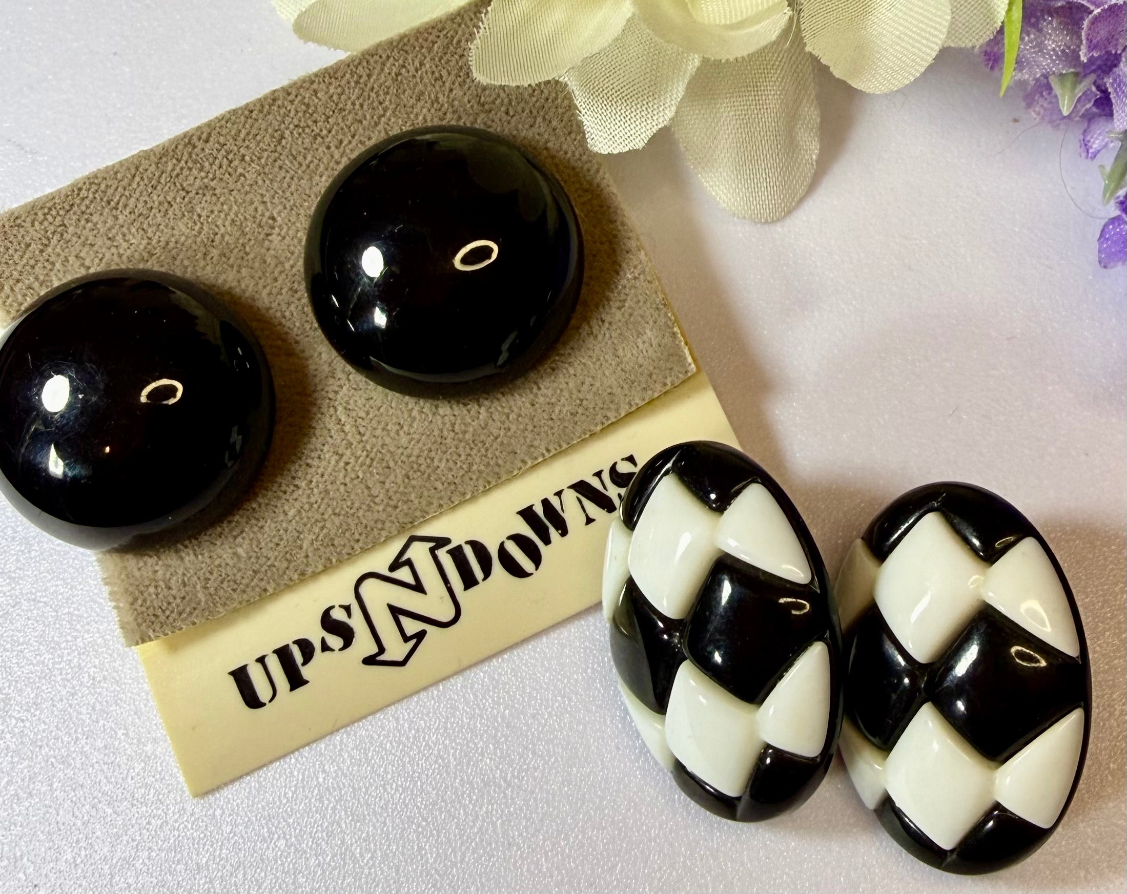 Black Pierced Earrings Collection, Two pairs, one two-toned, 1960s Fashion - Peppermint-Twist-Vintage.com