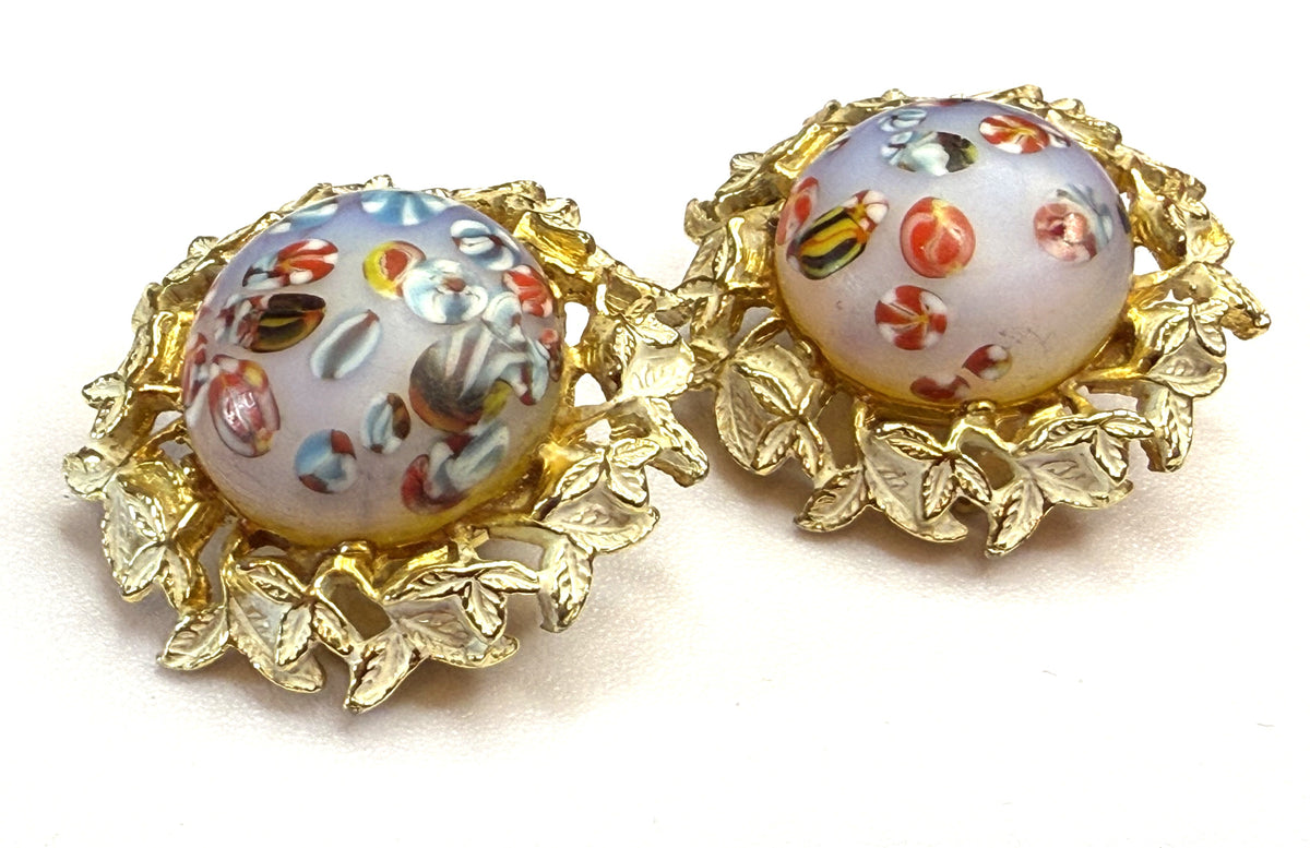 Gorgeous Vintage Millefiori Clip on Earrings - Patent Pending, 1960s Gorgeous - Peppermint-Twist-Vintage.com