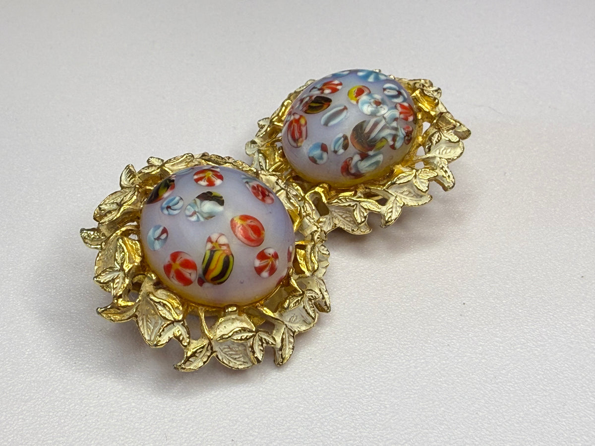 Gorgeous Vintage Millefiori Clip on Earrings - Patent Pending, 1960s Gorgeous - Peppermint-Twist-Vintage.com