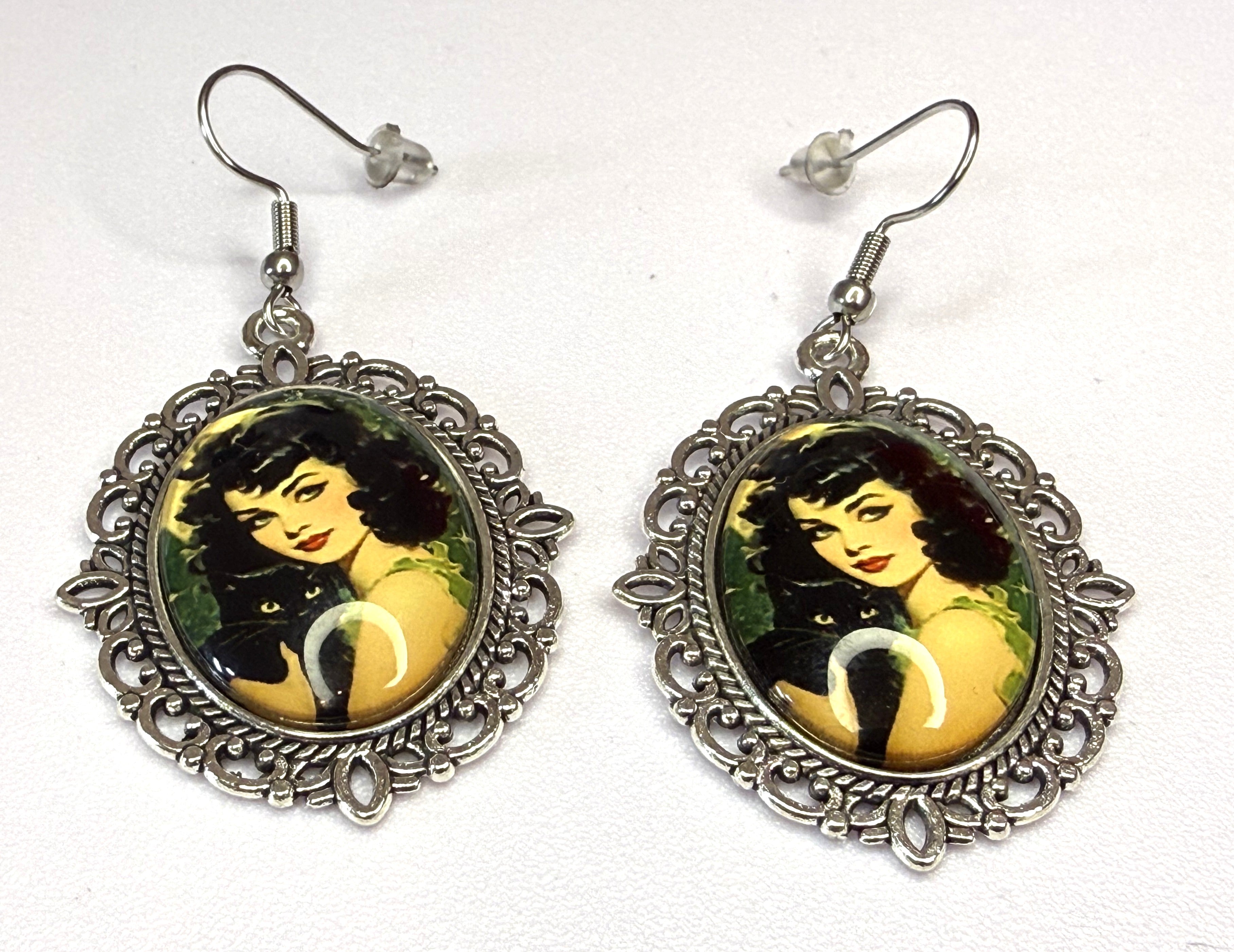 Vintage Inspired Black Cat with Lady Dangle Pierced Earrings - Halloween - Peppermint-Twist-Vintage.com