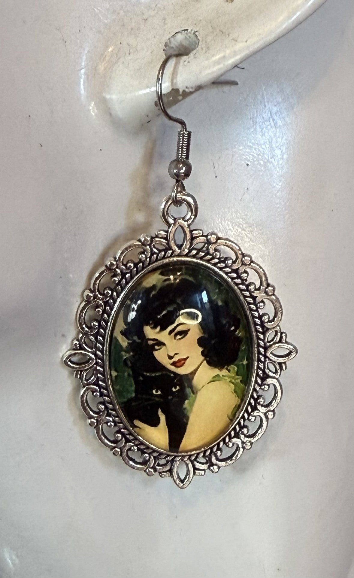 Vintage Inspired Black Cat with Lady Dangle Pierced Earrings - Halloween - Peppermint-Twist-Vintage.com