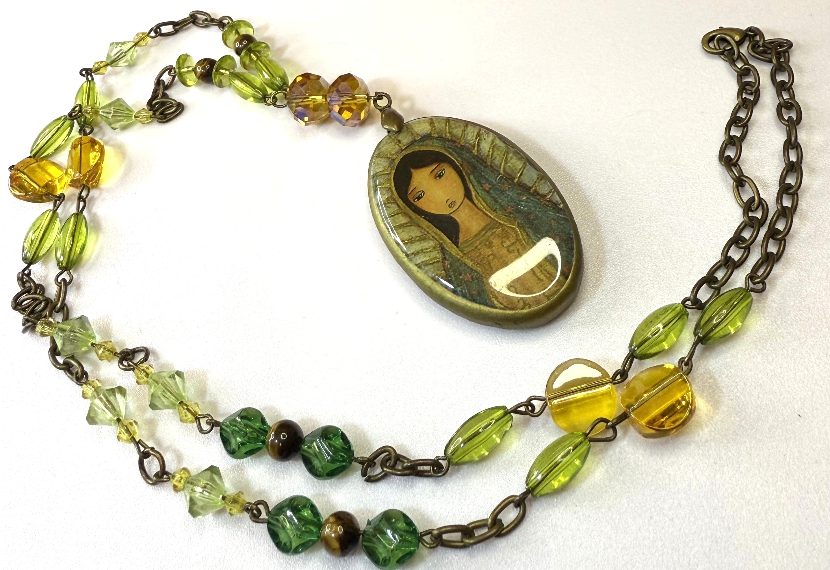 Gorgeous Vintage Mary Necklace - Green Beaded, Religeous Jewelry - Peppermint-Twist-Vintage.com