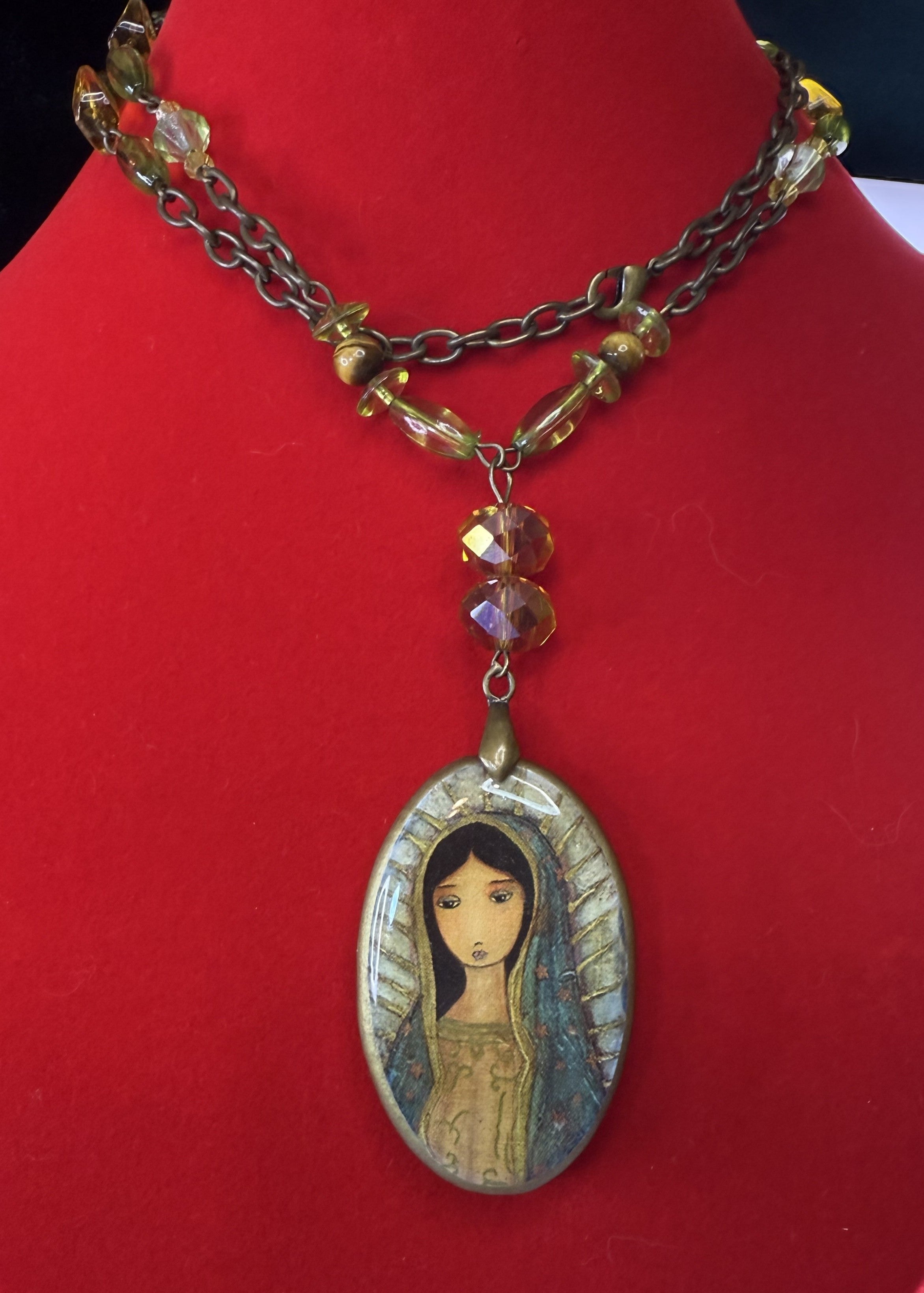 Gorgeous Vintage Mary Necklace - Green Beaded, Religeous Jewelry - Peppermint-Twist-Vintage.com