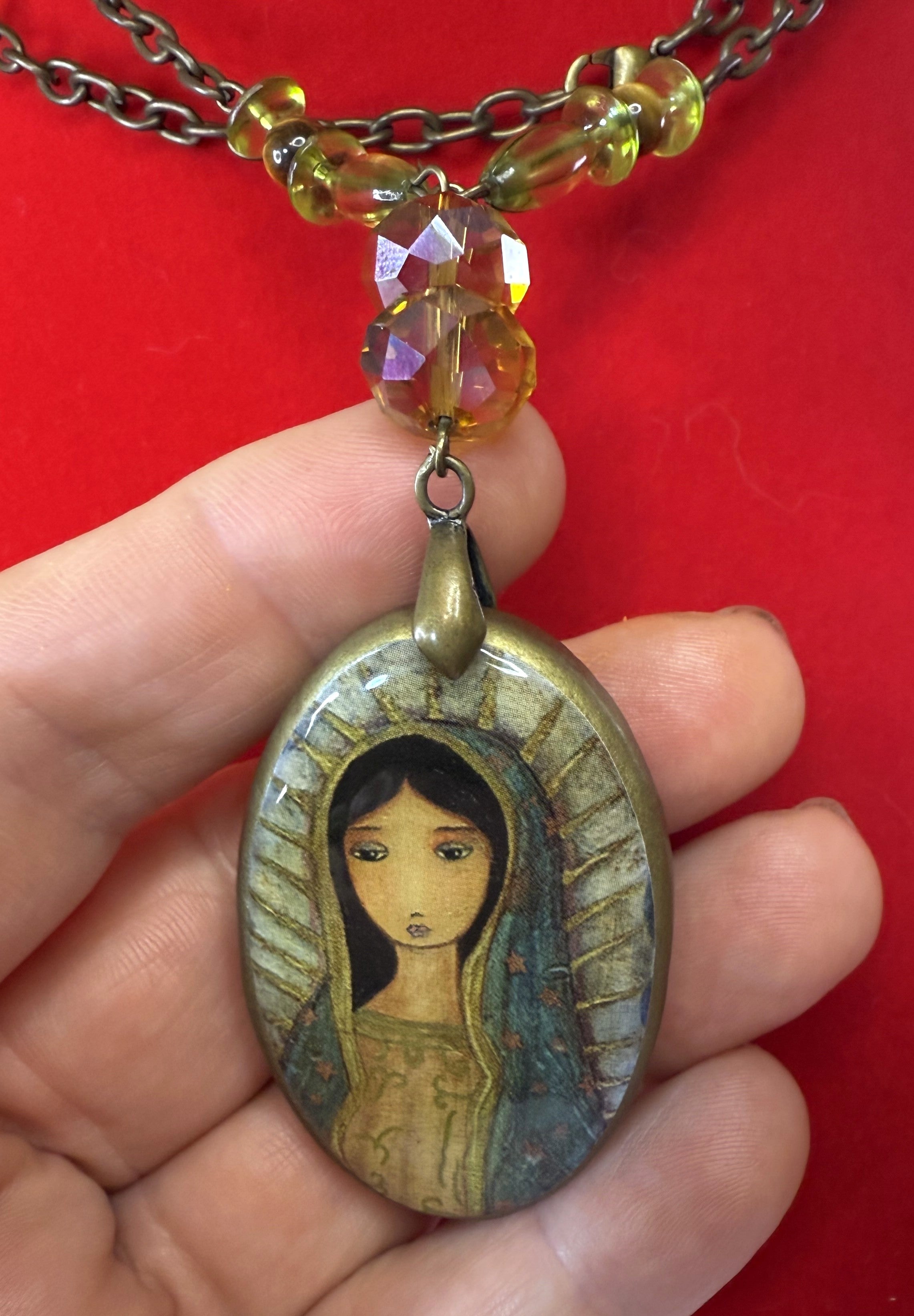 Gorgeous Vintage Mary Necklace - Green Beaded, Religeous Jewelry - Peppermint-Twist-Vintage.com