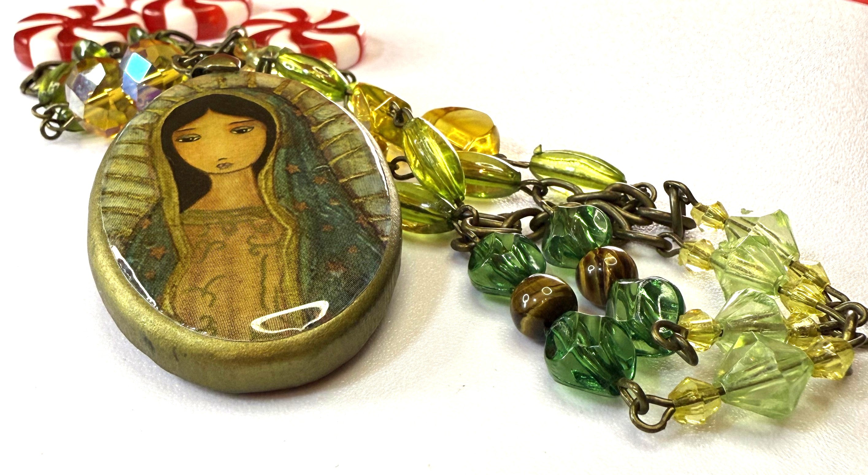 Gorgeous Vintage Mary Necklace - Green Beaded, Religeous Jewelry - Peppermint-Twist-Vintage.com