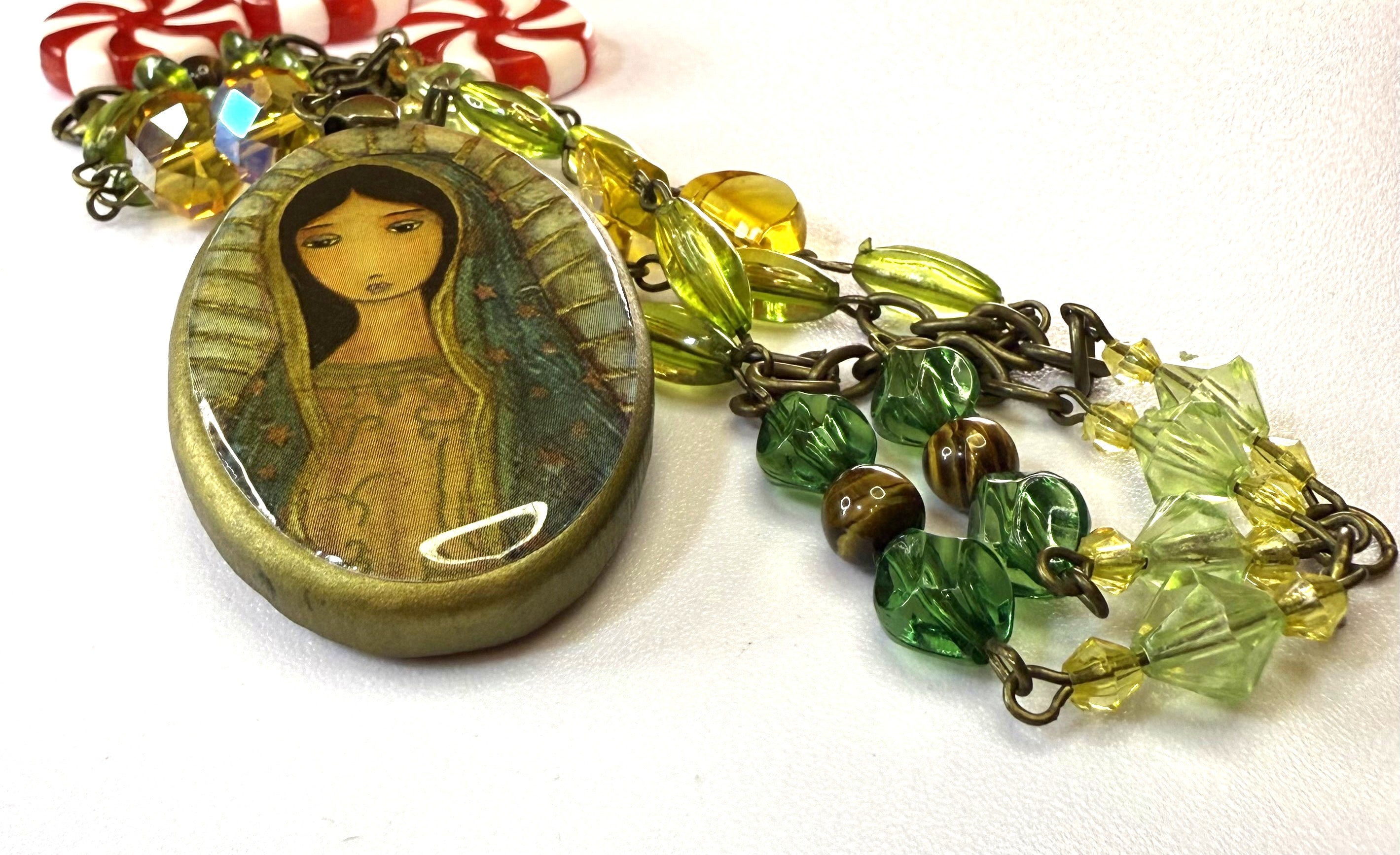 Gorgeous Vintage Mary Necklace - Green Beaded, Religeous Jewelry - Peppermint-Twist-Vintage.com