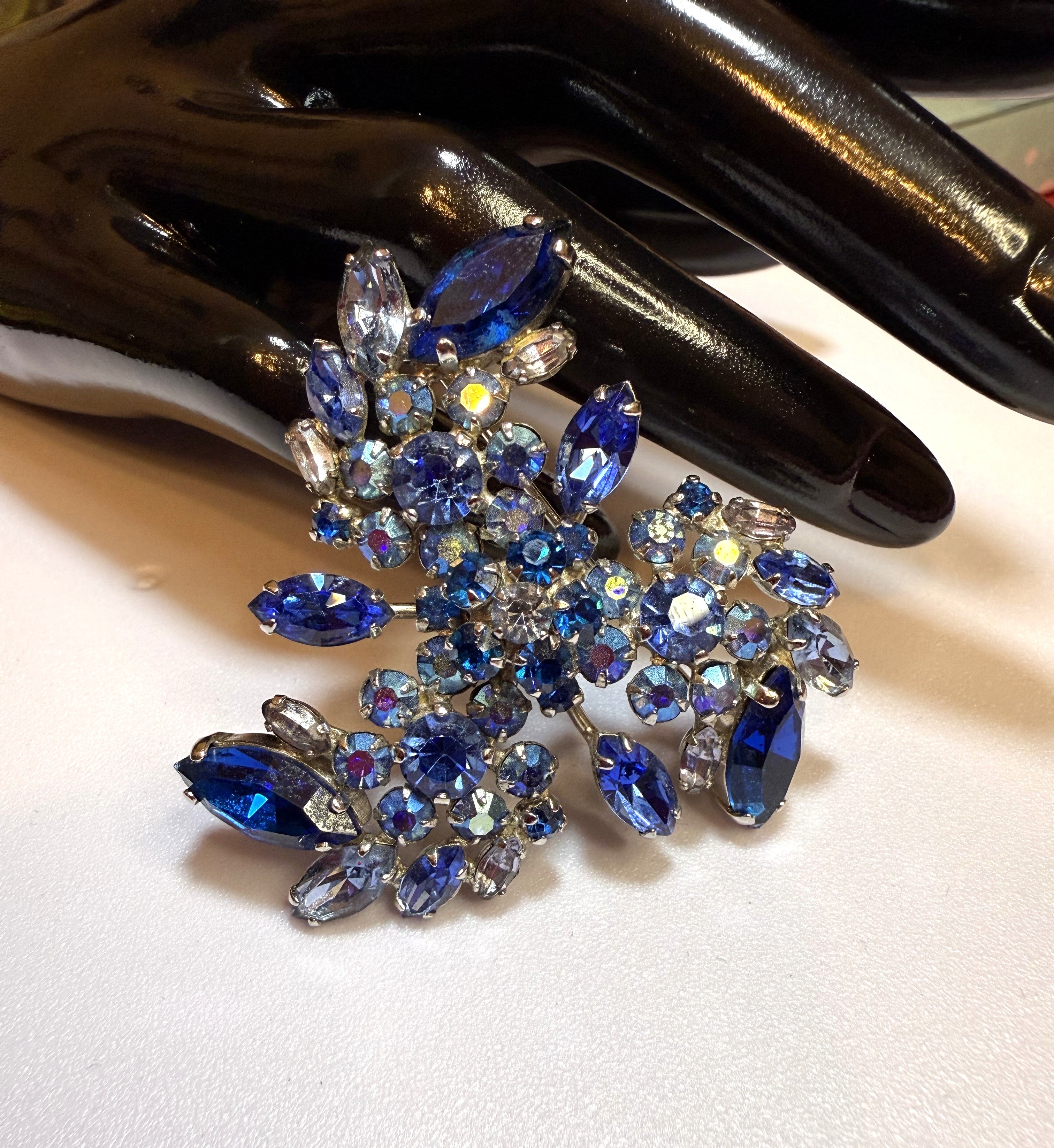 Sherman Signed Vintage Blue Rhinestone Brooch, Pinwheel Vintage, Excellent Condition