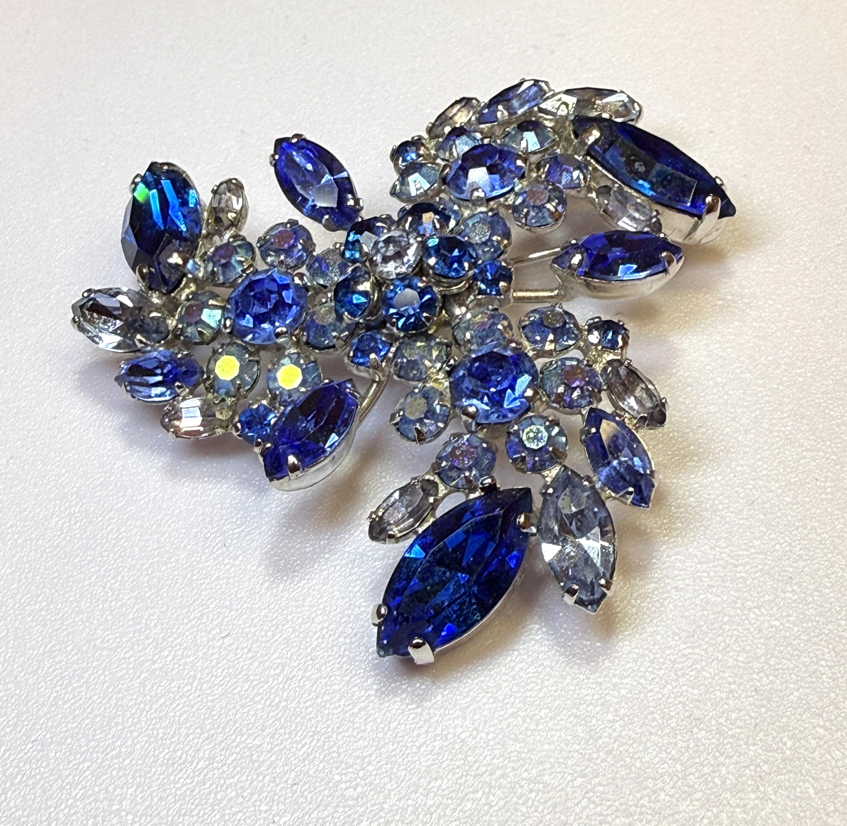 Sherman Signed Vintage Blue Rhinestone Brooch, Pinwheel Vintage, Excellent Condition