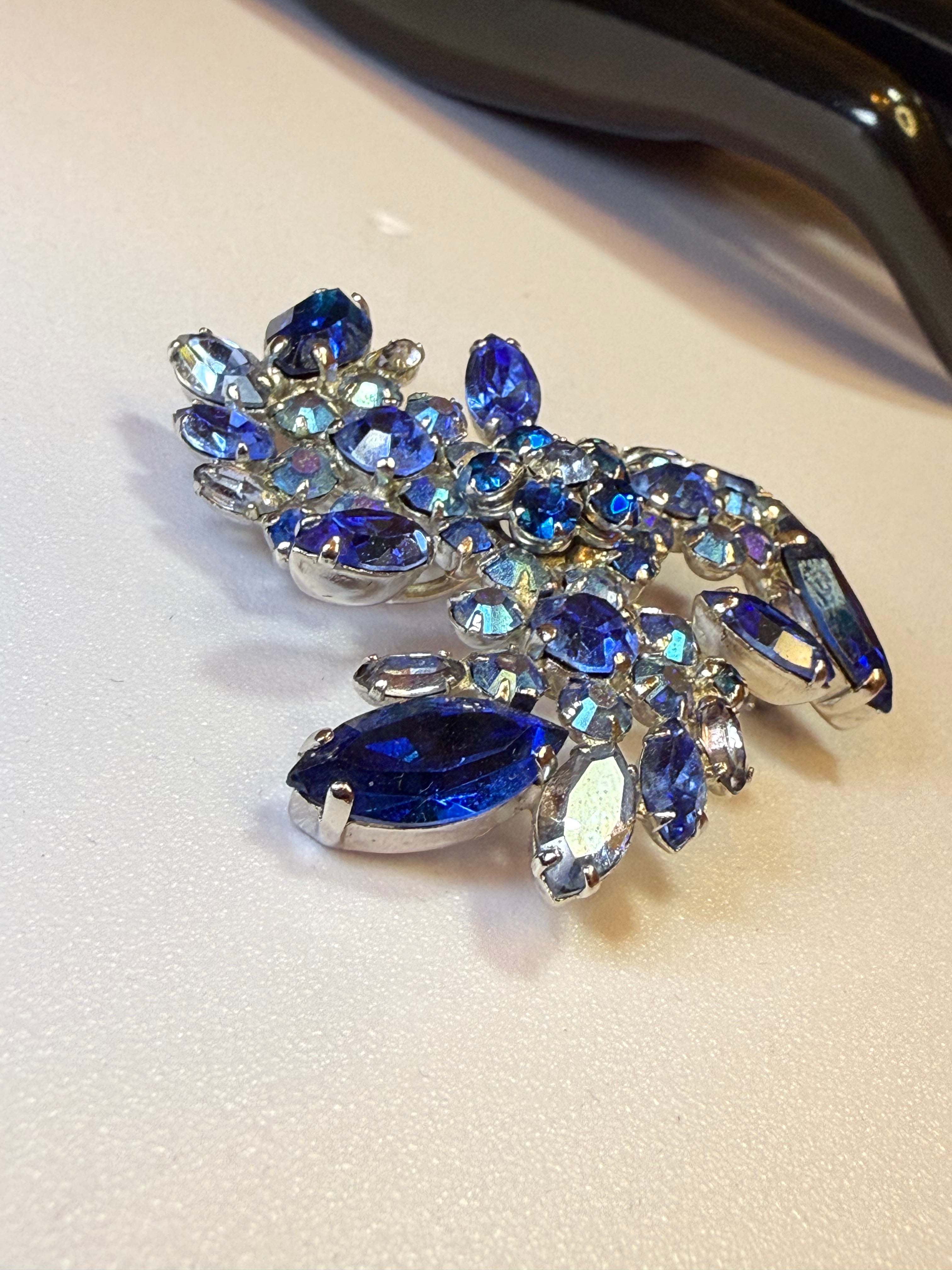 Sherman Signed Vintage Blue Rhinestone Brooch, Pinwheel Vintage, Excellent Condition