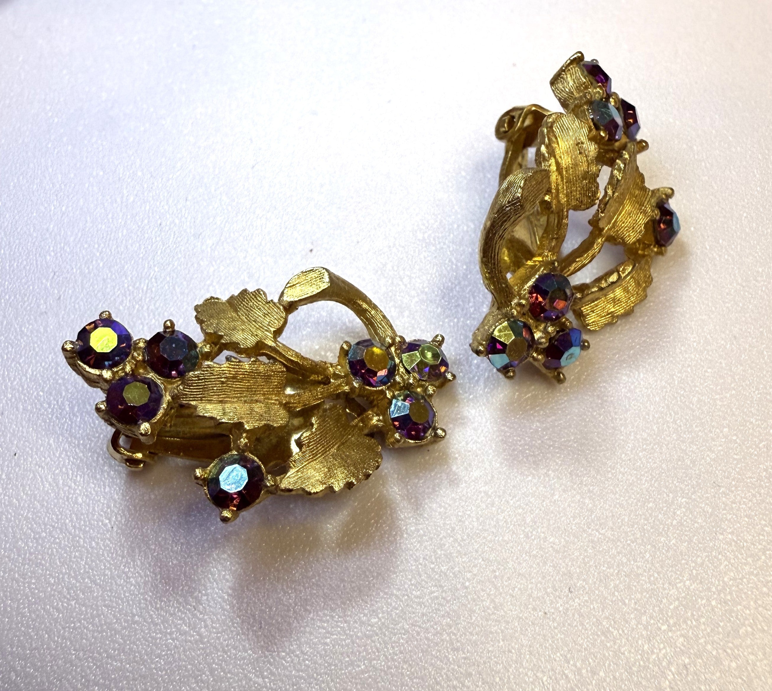 1940s Gold Tone Leaf Clip-On Earrings with Purple Aurora Borealis Stones