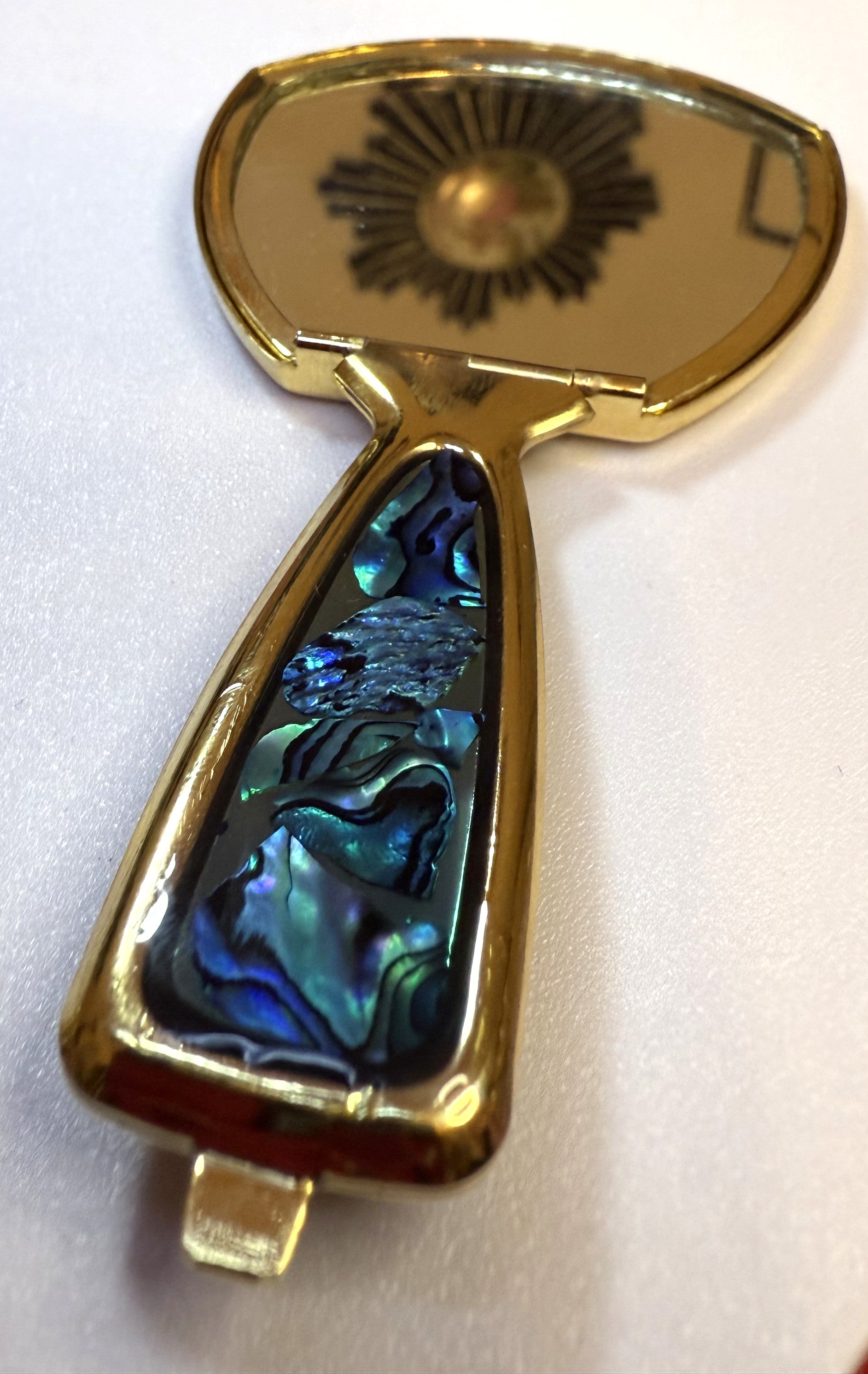 Vintage Abalone Shell Foldable Hand Mirror with Gold Trim