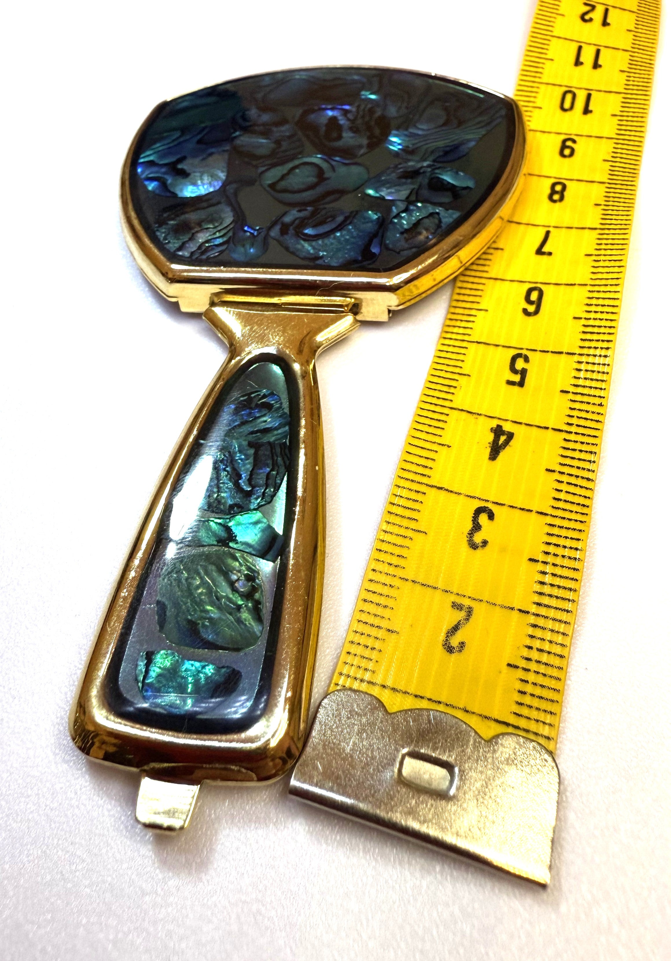Vintage Abalone Shell Foldable Hand Mirror with Gold Trim