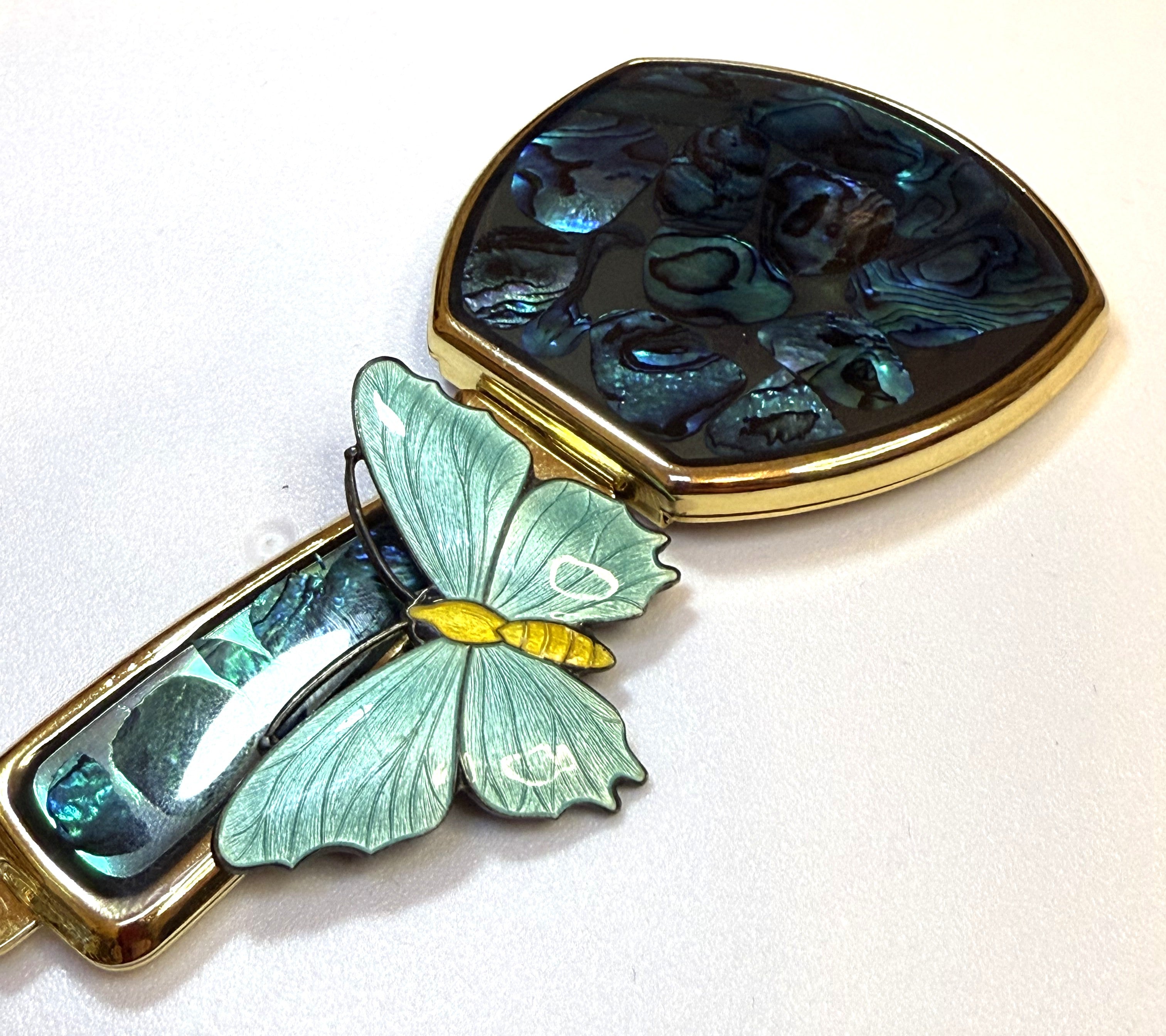 Vintage Abalone Shell Foldable Hand Mirror with Gold Trim