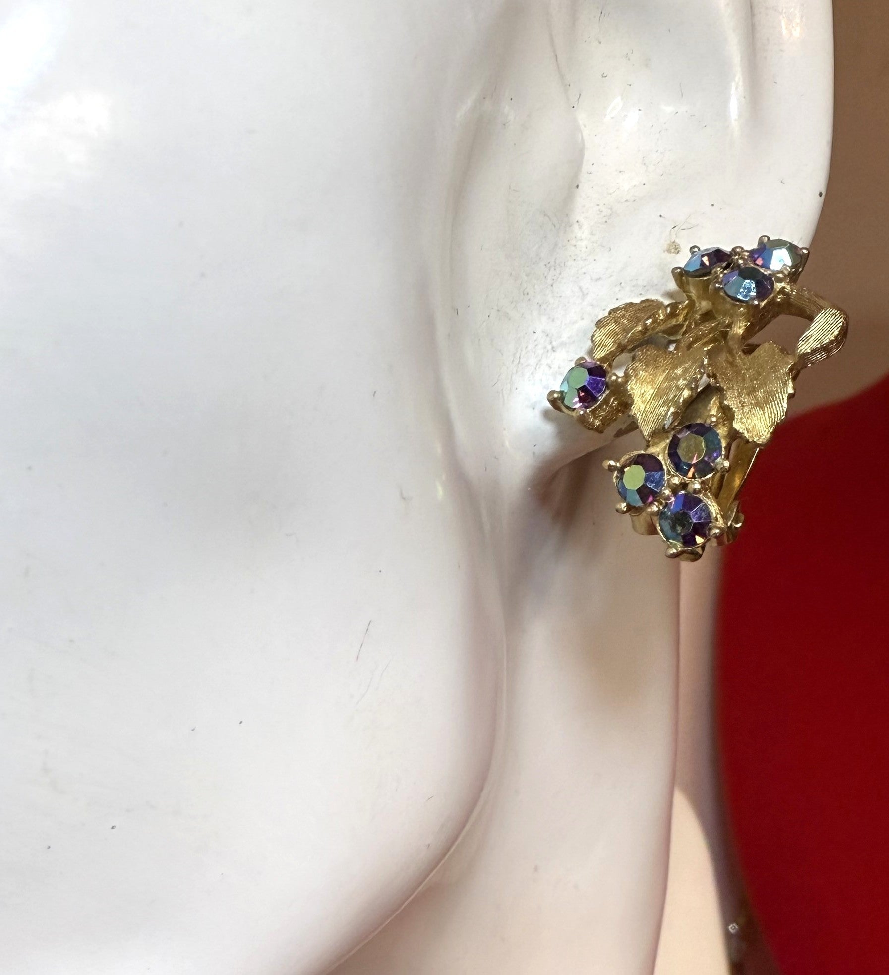 1940s Gold Tone Leaf Clip-On Earrings with Purple Aurora Borealis Stones