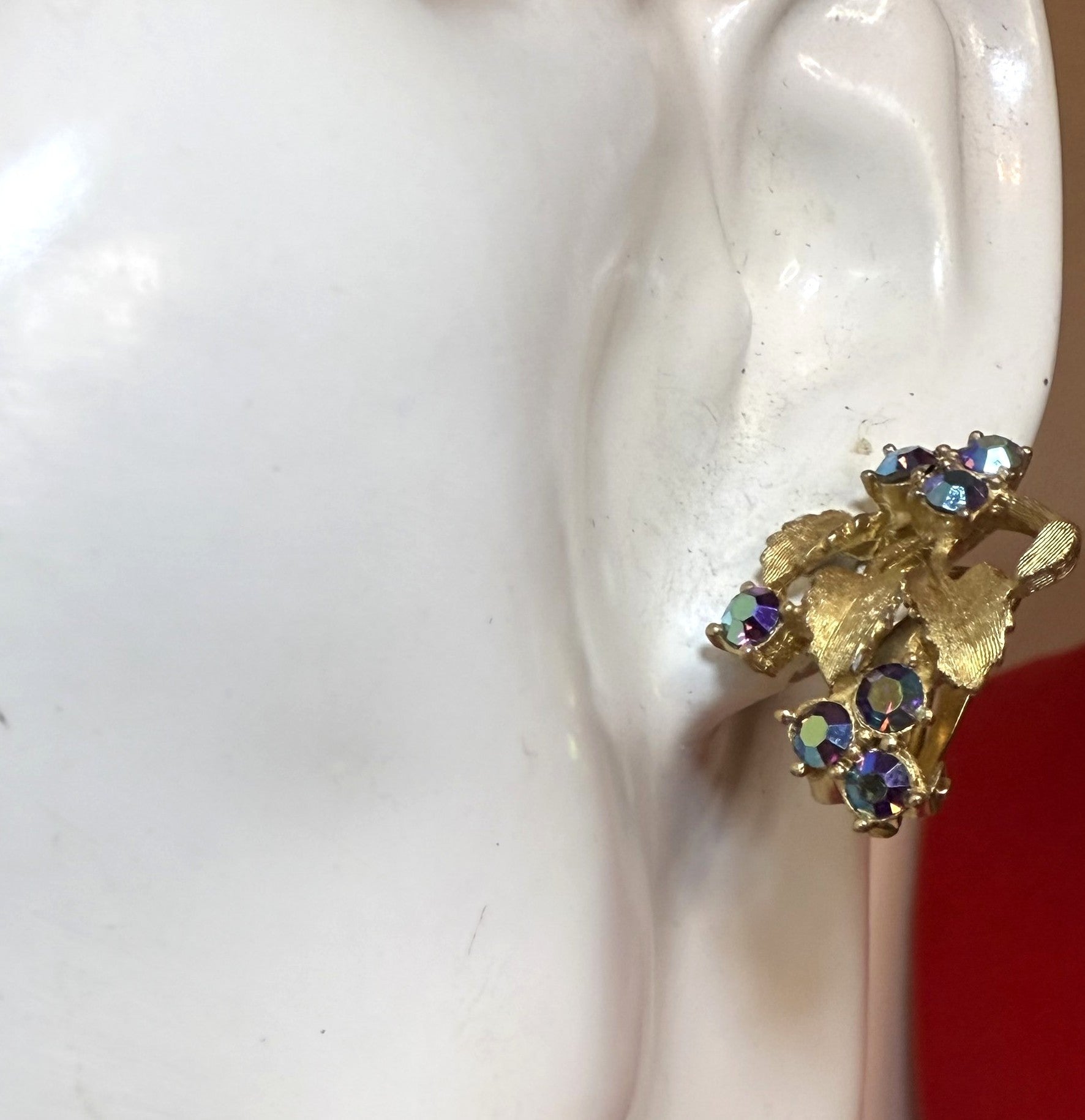 1940s Gold Tone Leaf Clip-On Earrings with Purple Aurora Borealis Stones