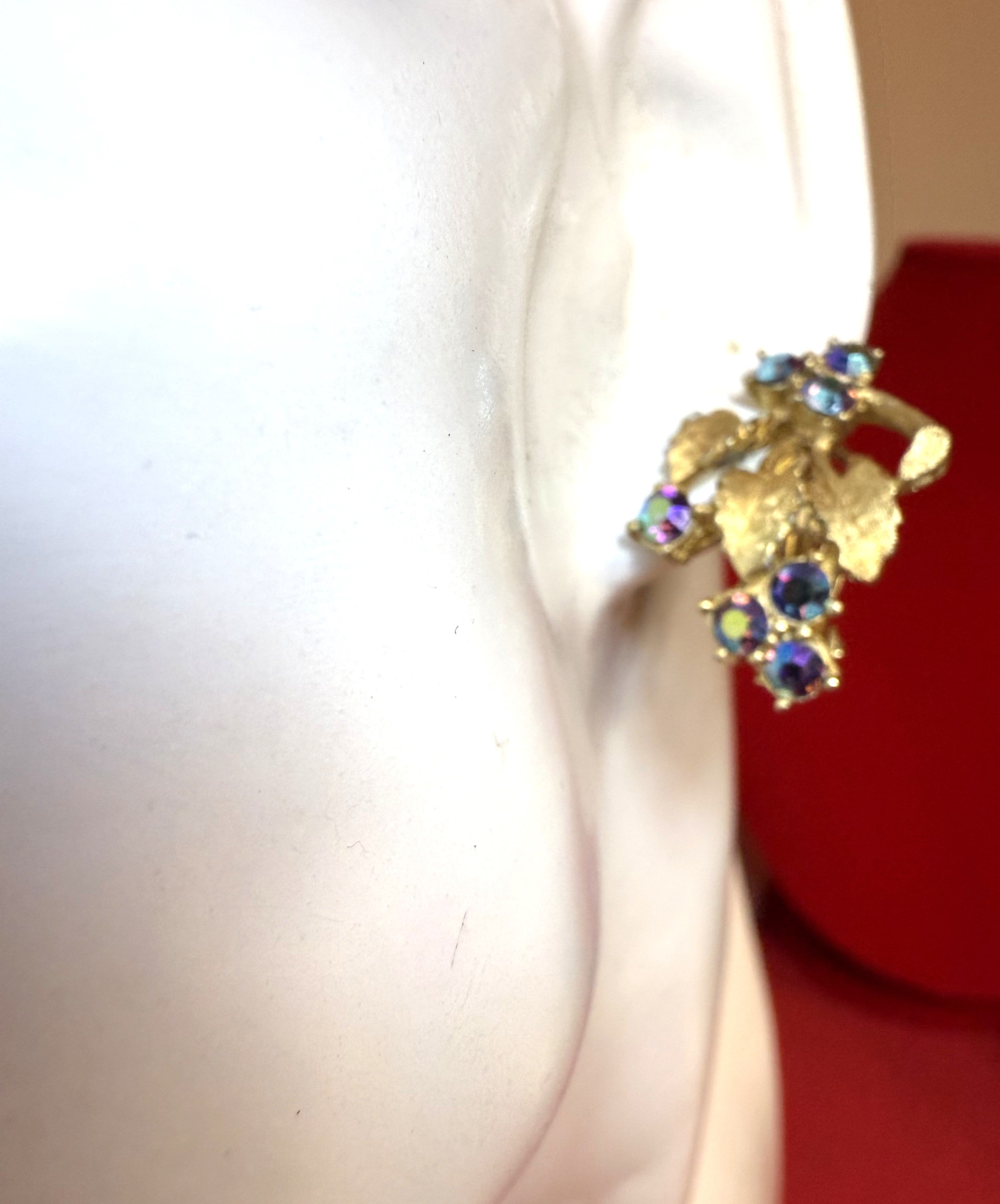 1940s Gold Tone Leaf Clip-On Earrings with Purple Aurora Borealis Stones