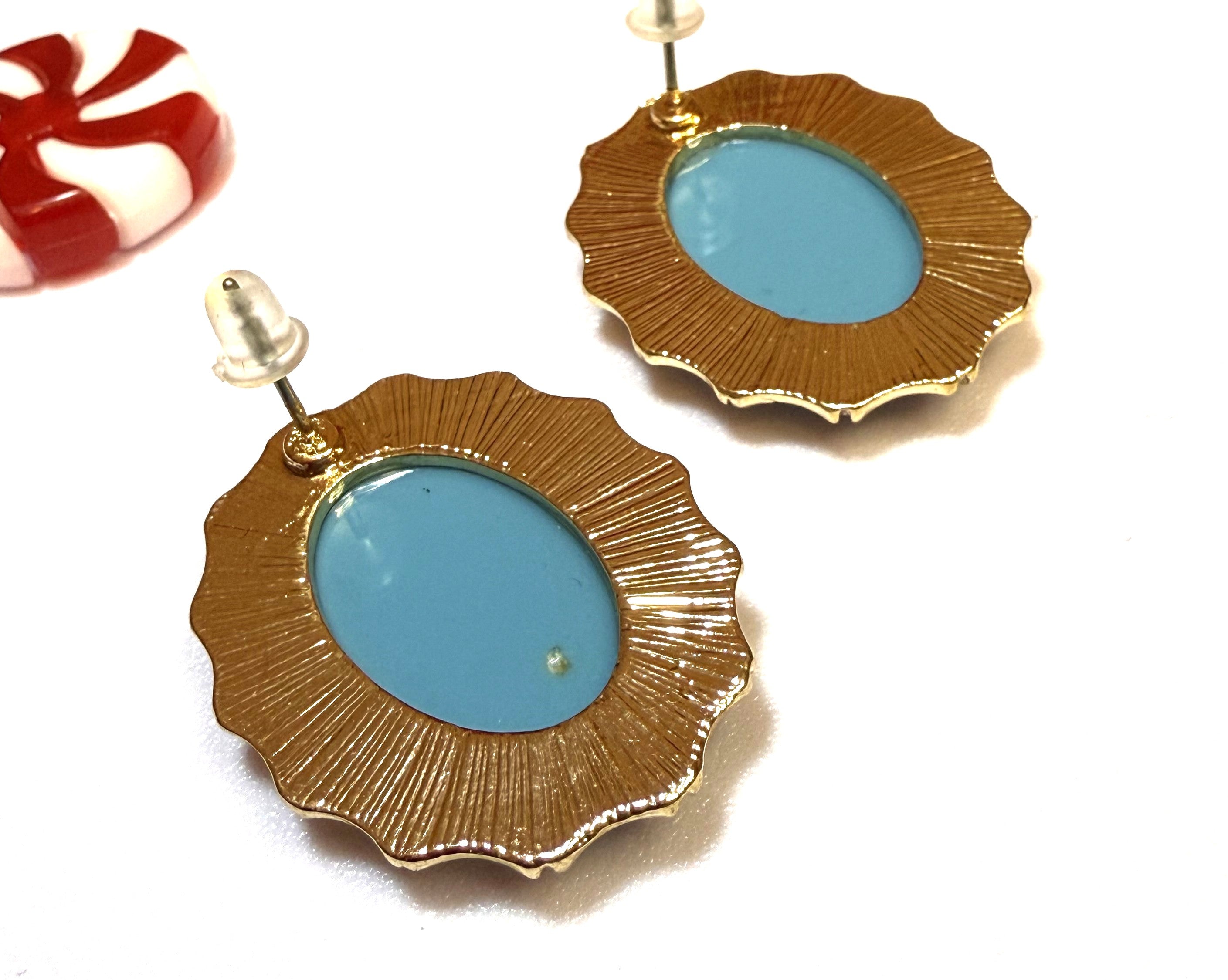 Cameo Earrings - Blue and Gold, Pierced, NEW, Elegant.