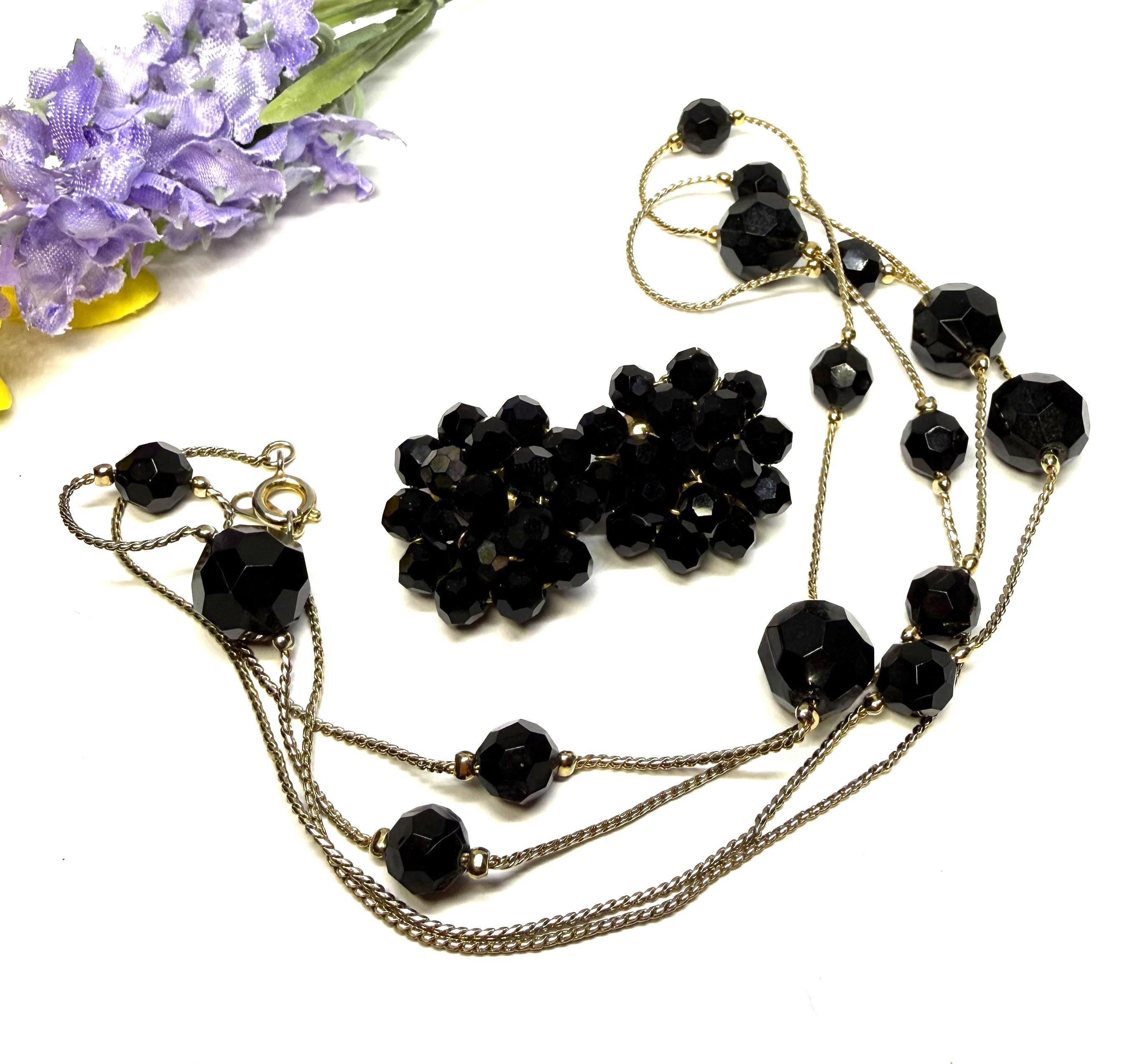 Gorgeous Black Glass and Gold Tone Necklace and Black Glass Cluster Earrings