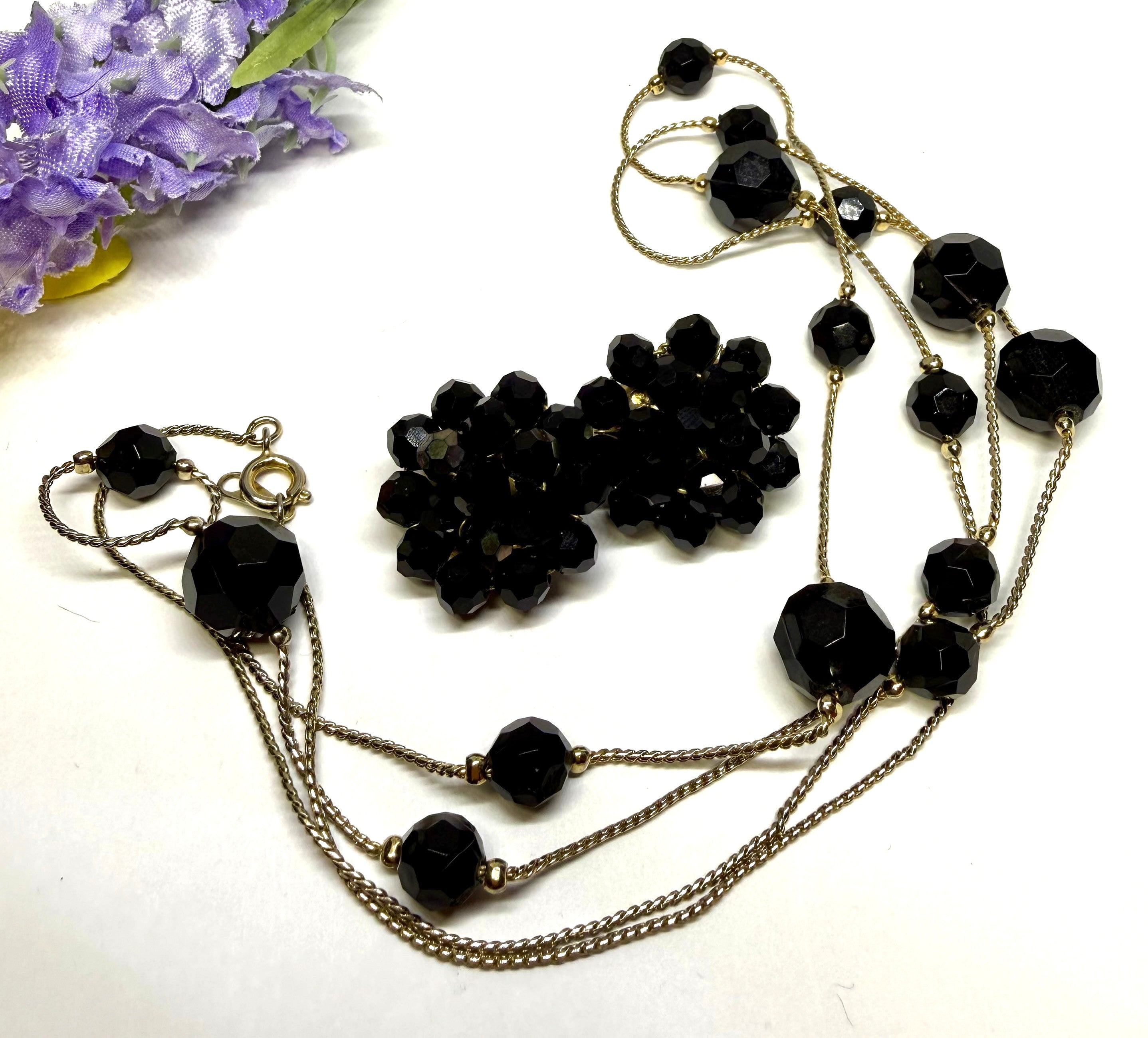Gorgeous Black Glass and Gold Tone Necklace and Black Glass Cluster Earrings