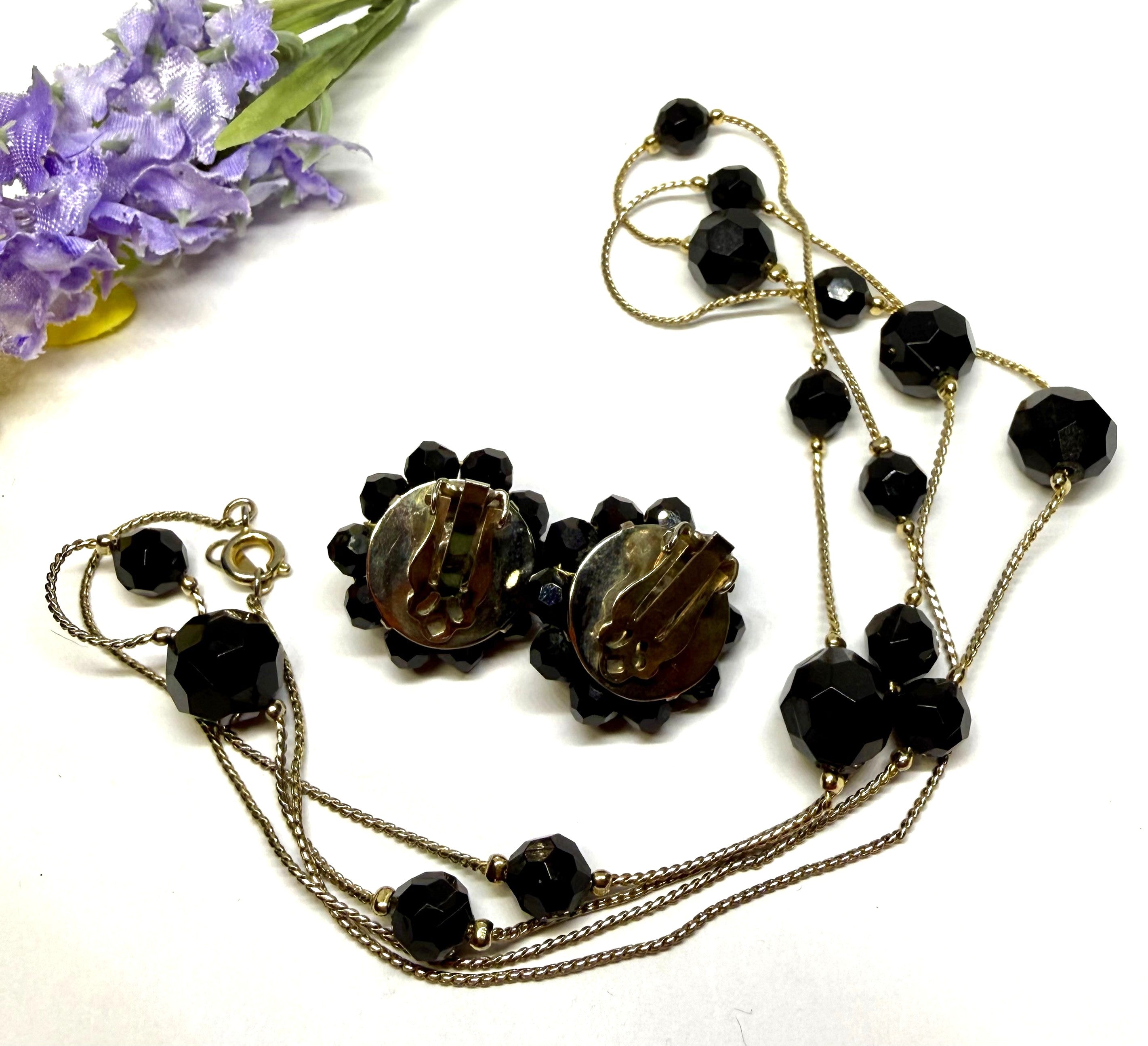 Gorgeous Black Glass and Gold Tone Necklace and Black Glass Cluster Earrings