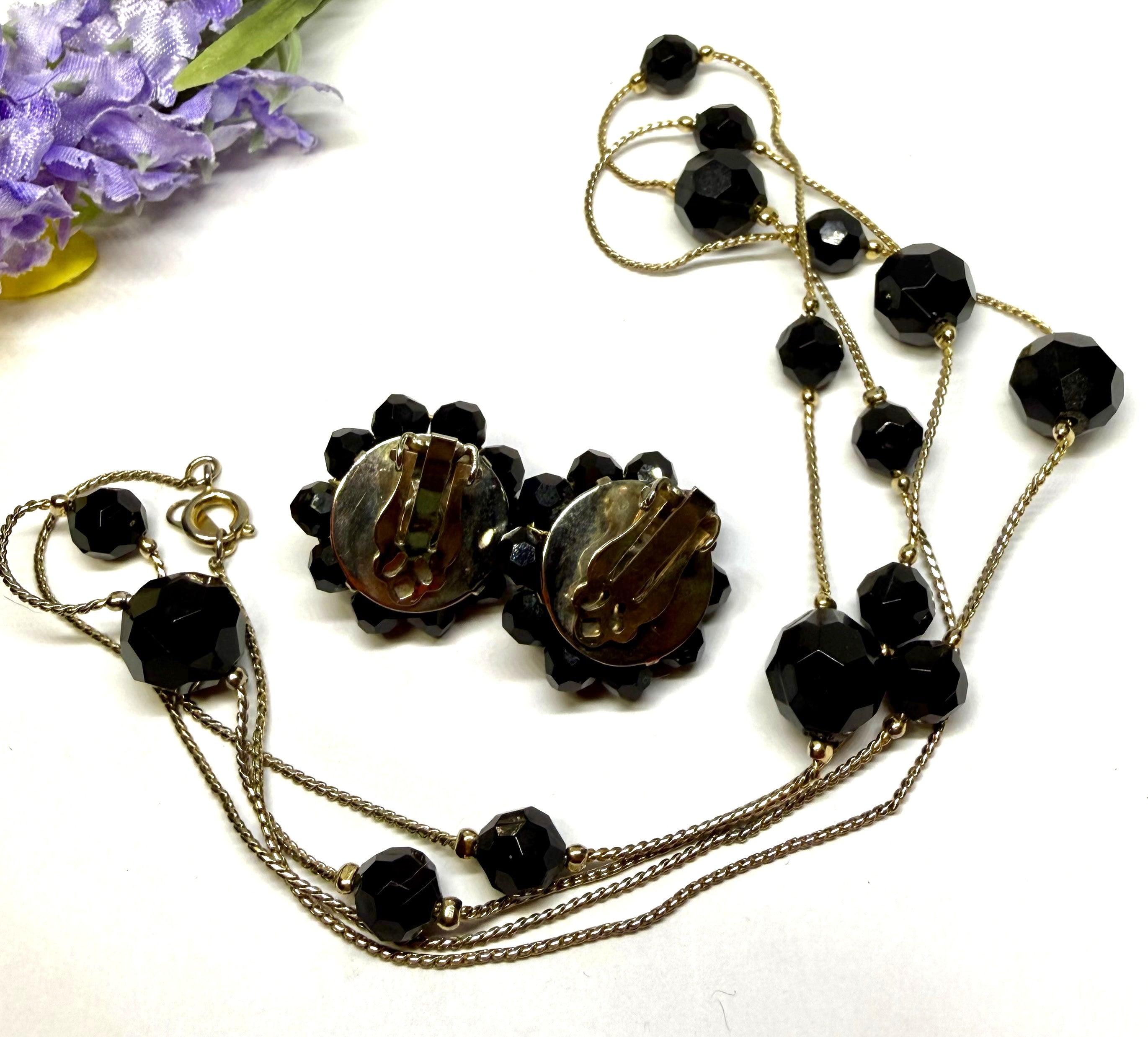 Gorgeous Black Glass and Gold Tone Necklace and Black Glass Cluster Earrings