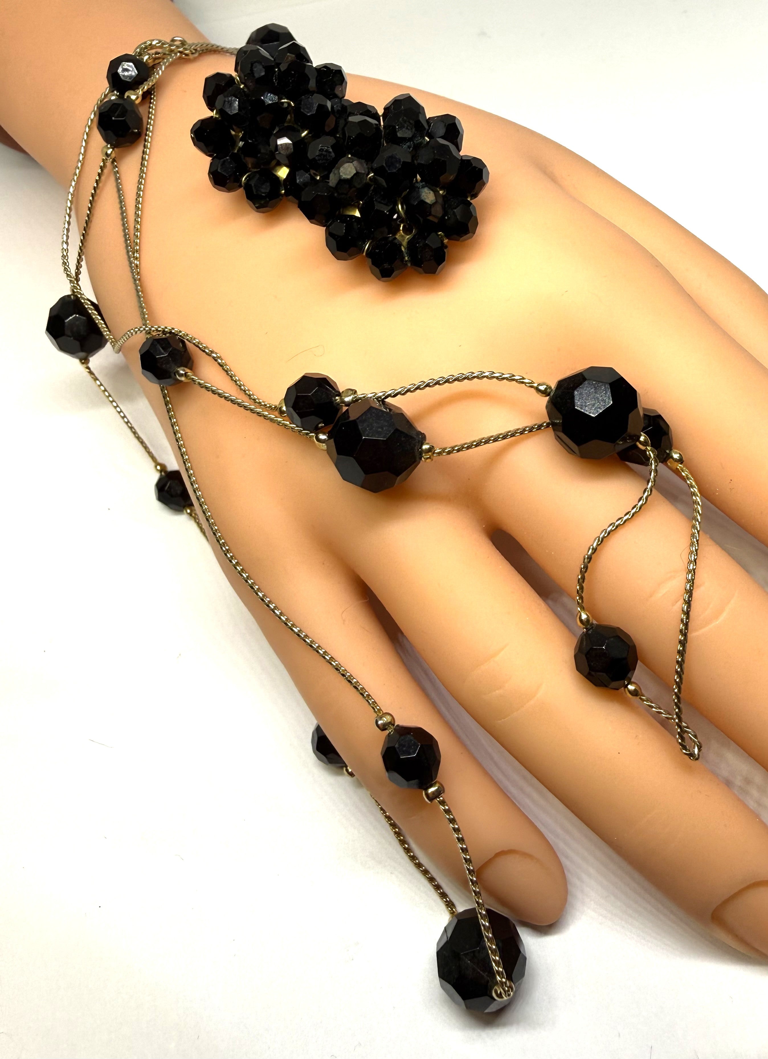 Gorgeous Black Glass and Gold Tone Necklace and Black Glass Cluster Earrings