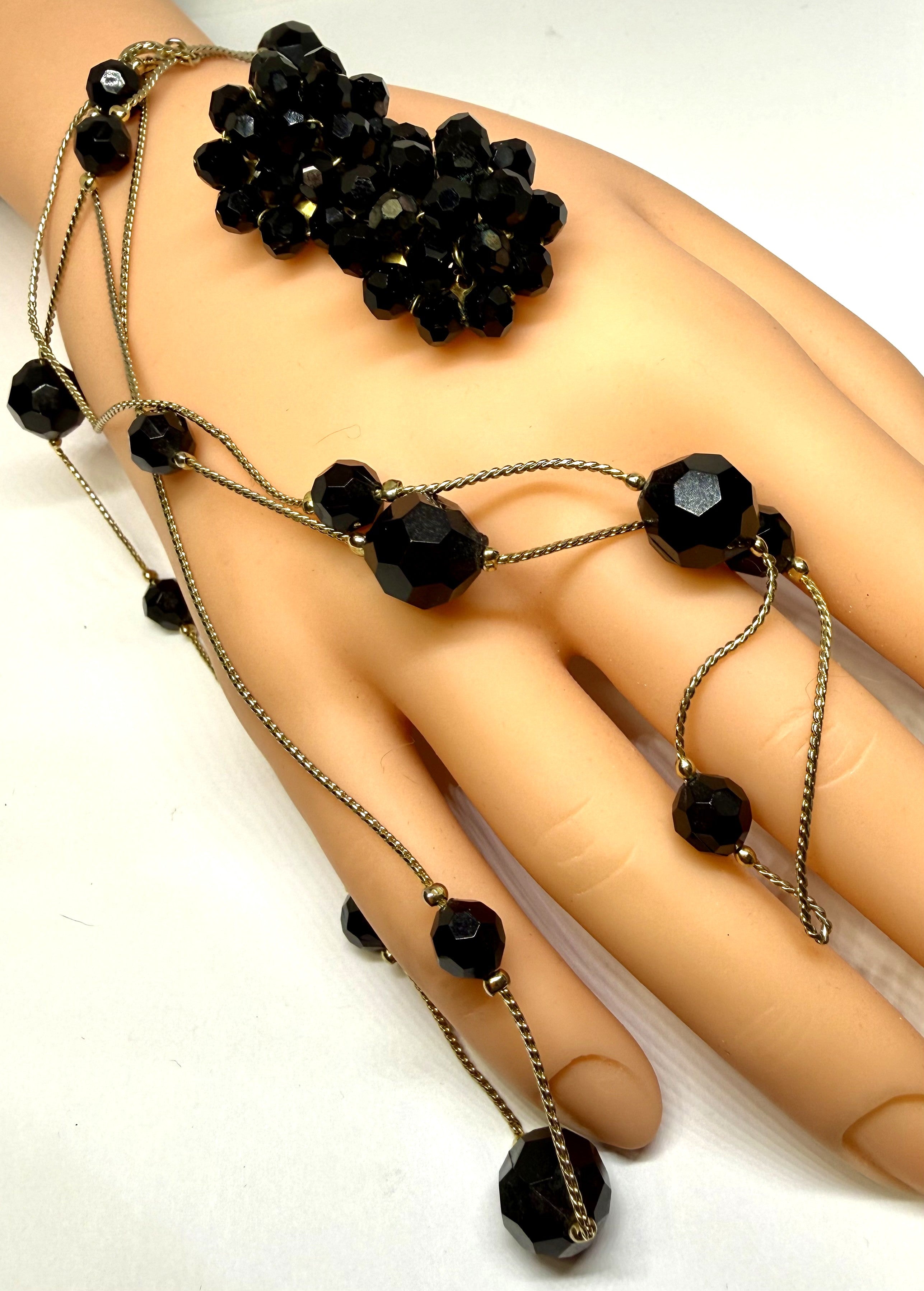 Gorgeous Black Glass and Gold Tone Necklace and Black Glass Cluster Earrings