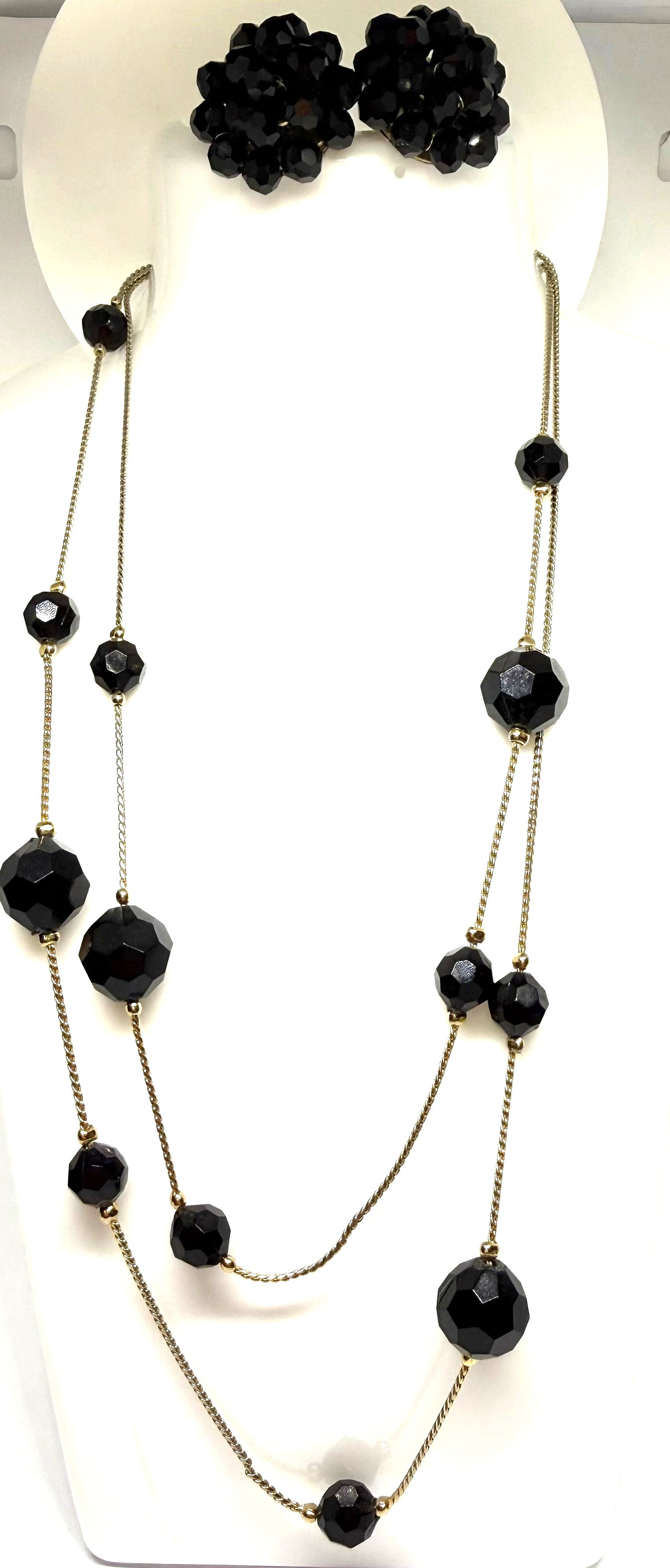 Gorgeous Black Glass and Gold Tone Necklace and Black Glass Cluster Earrings