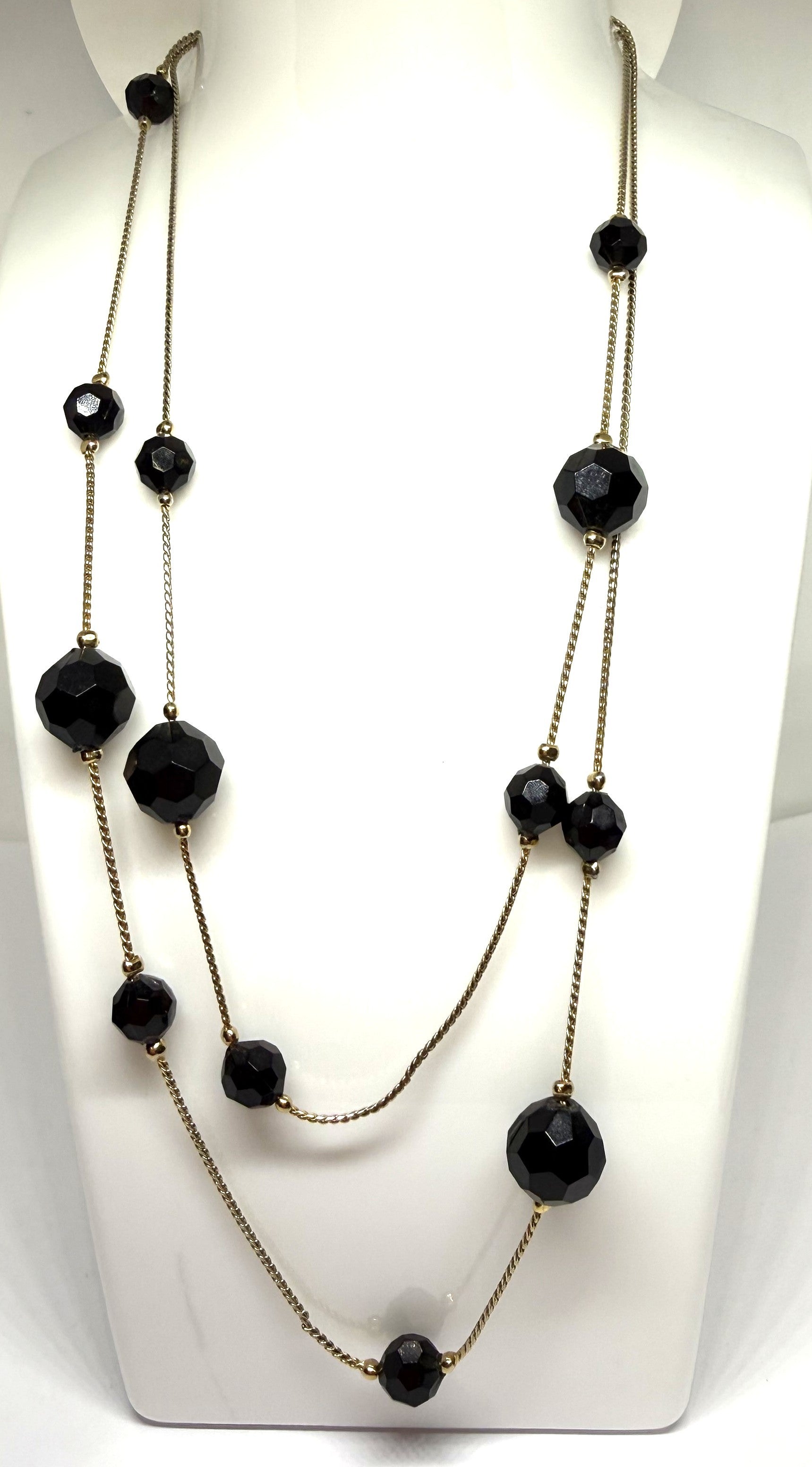 Gorgeous Black Glass and Gold Tone Necklace and Black Glass Cluster Earrings