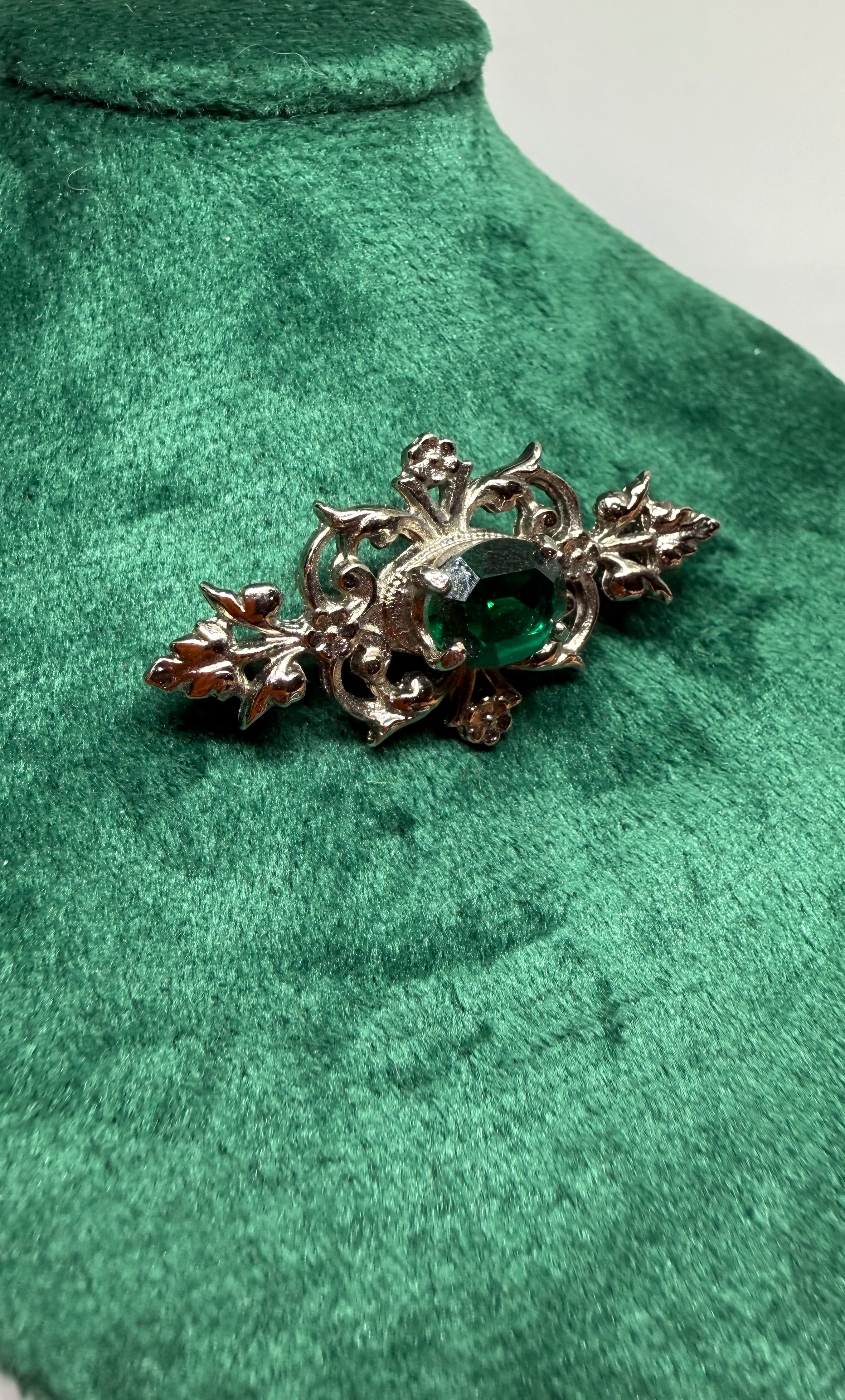 Vintage Silver and Green Bar Brooch