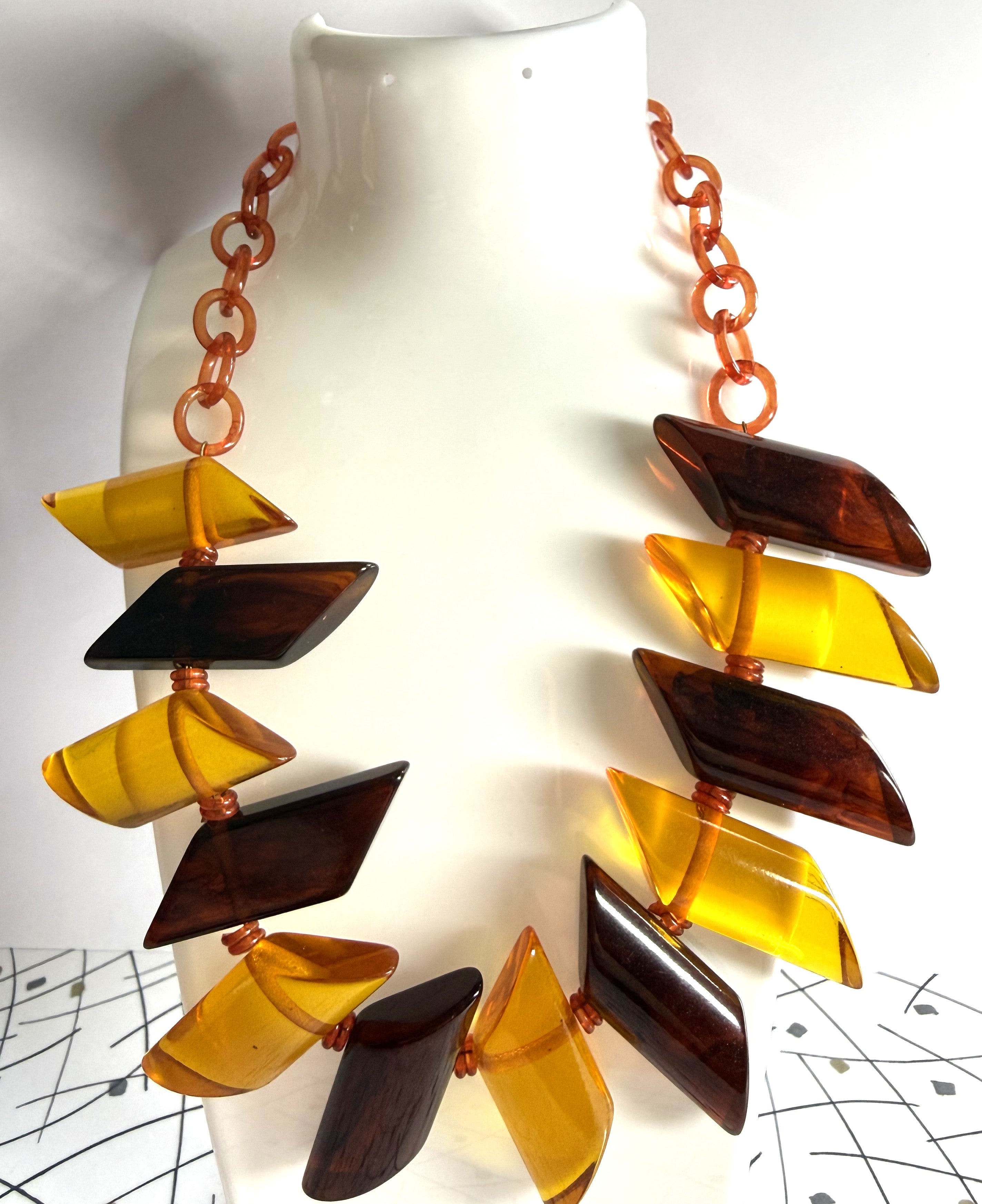 1930s Apple Juice-Tea-Bakelite-Celluloid Necklace, Geometric shaped. Own a rare piece of history - Peppermint-Twist-Vintage.com