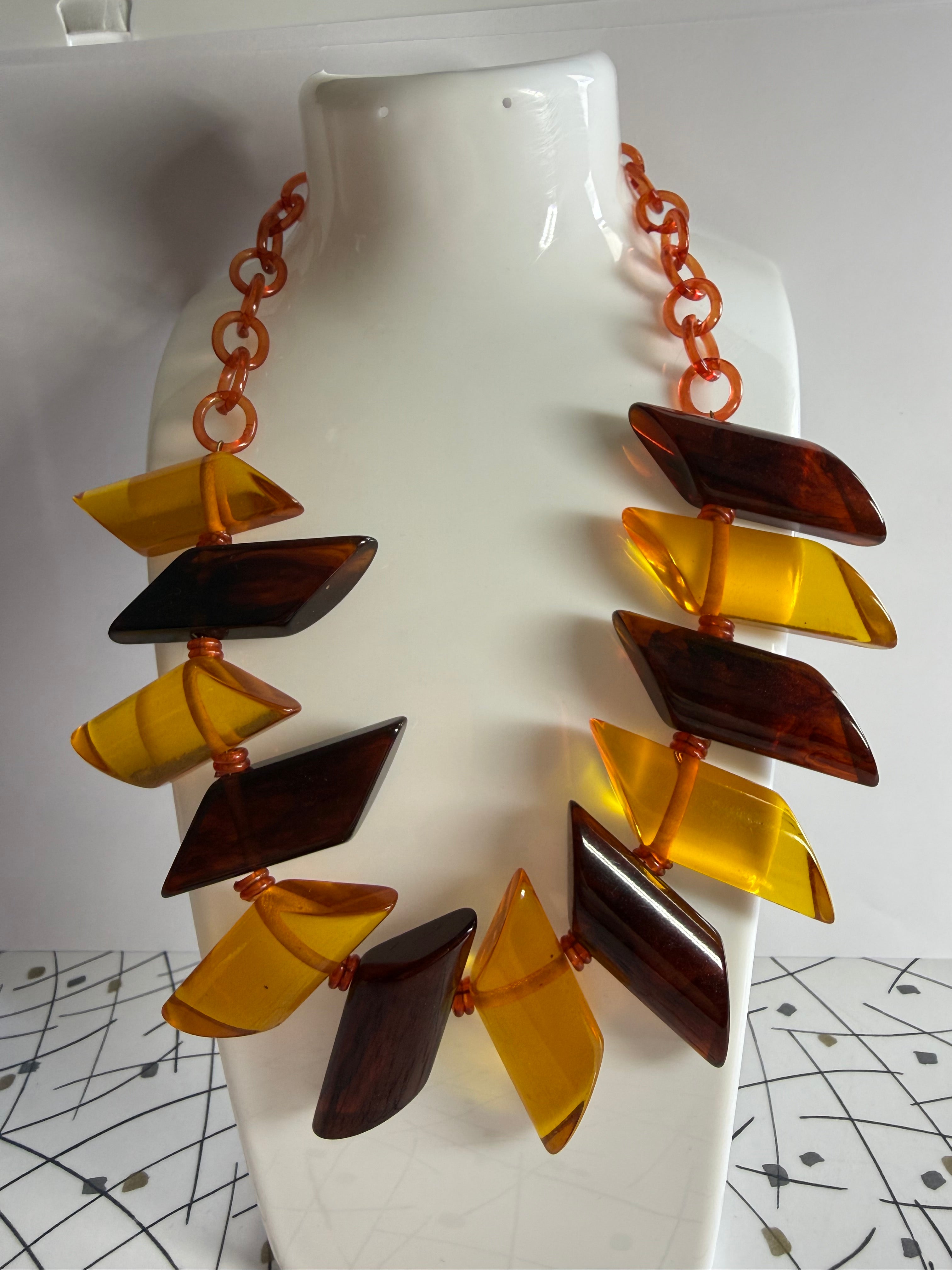 1930s Apple Juice-Tea-Bakelite-Celluloid Necklace, Geometric shaped. Own a rare piece of history