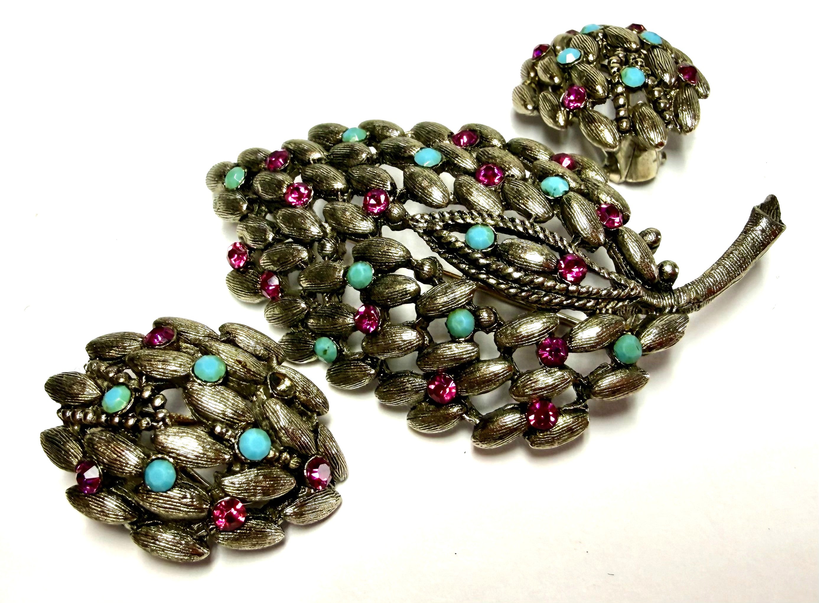 BSK Brooch and Earring Set - Peacock-Like Colours Themed - Silver, Purple and Blue - Peppermint-Twist-Vintage.com