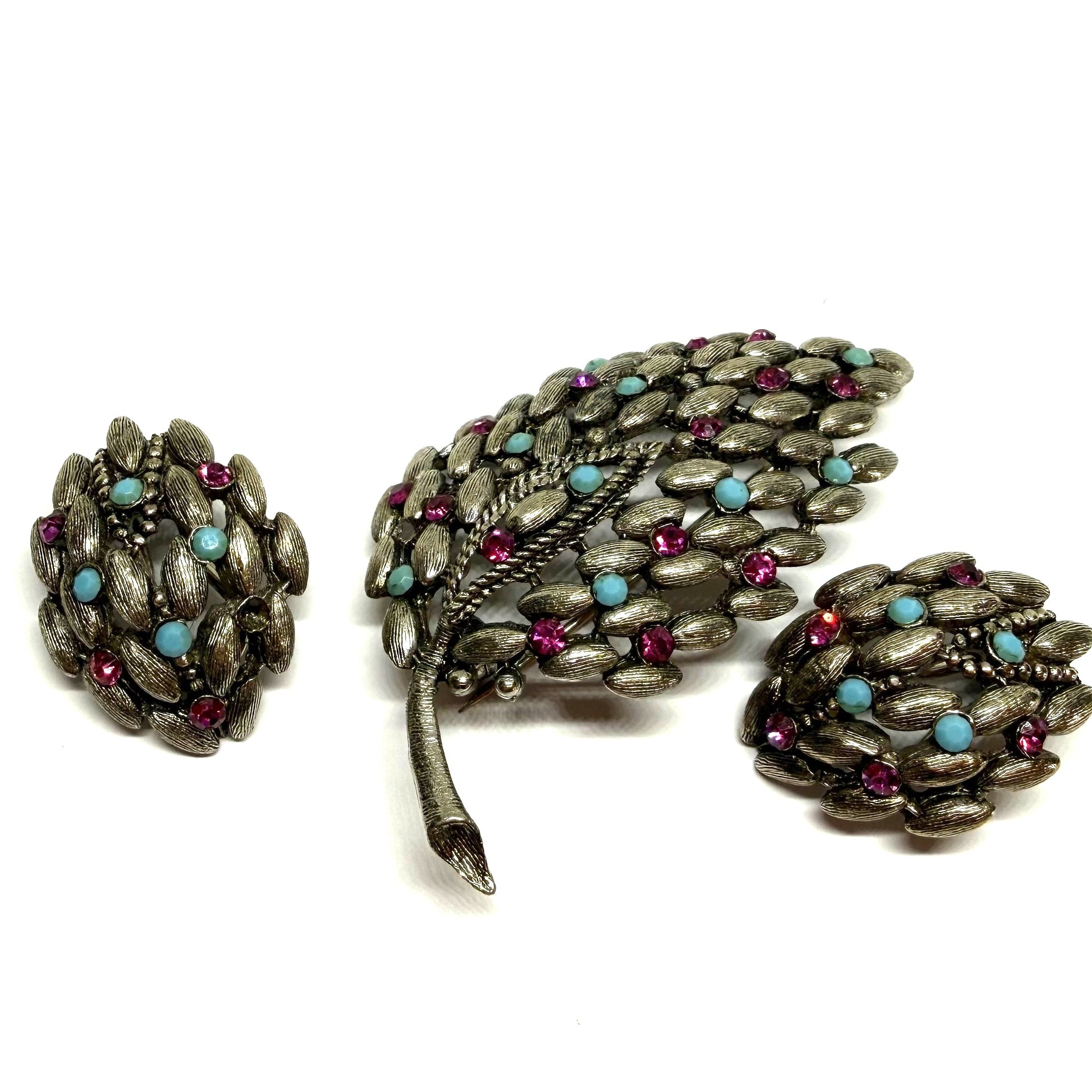 BSK Brooch and Earring Set - Peacock-Like Colours Themed - Silver, Purple and Blue - Peppermint-Twist-Vintage.com