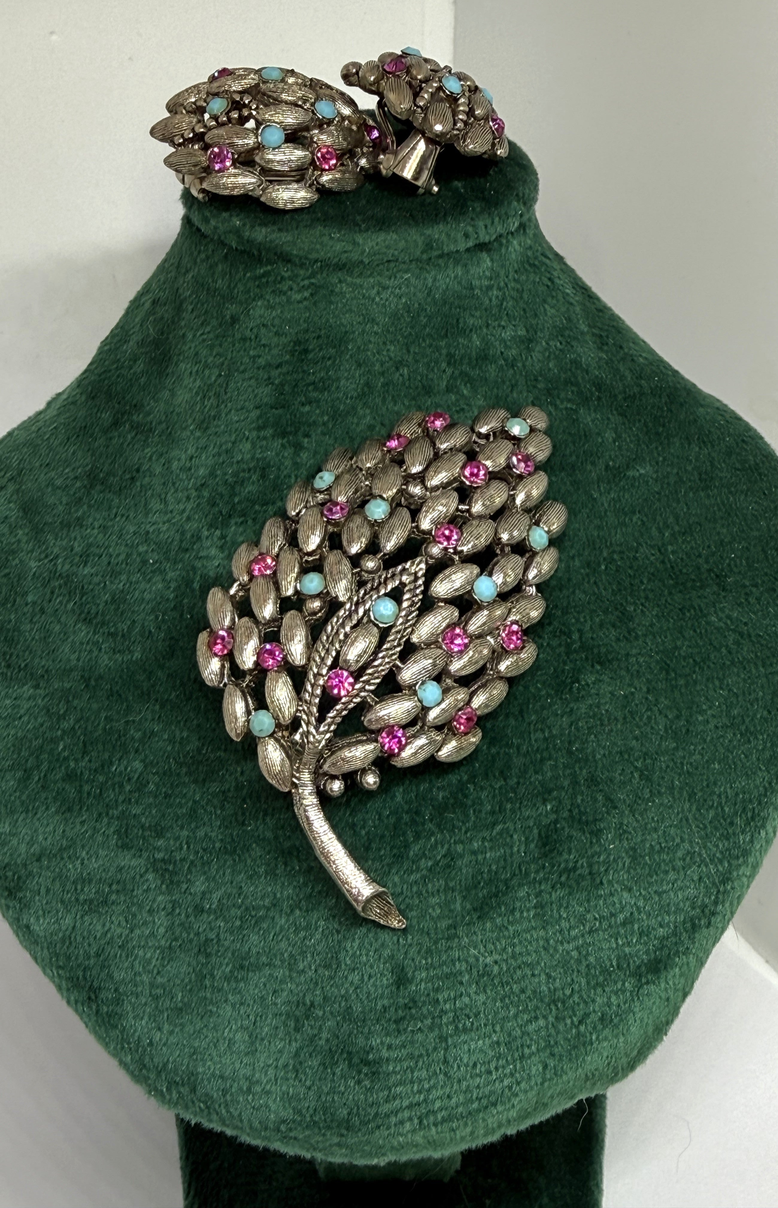 BSK Brooch and Earring Set - Peacock-Like Colours Themed - Silver, Purple and Blue