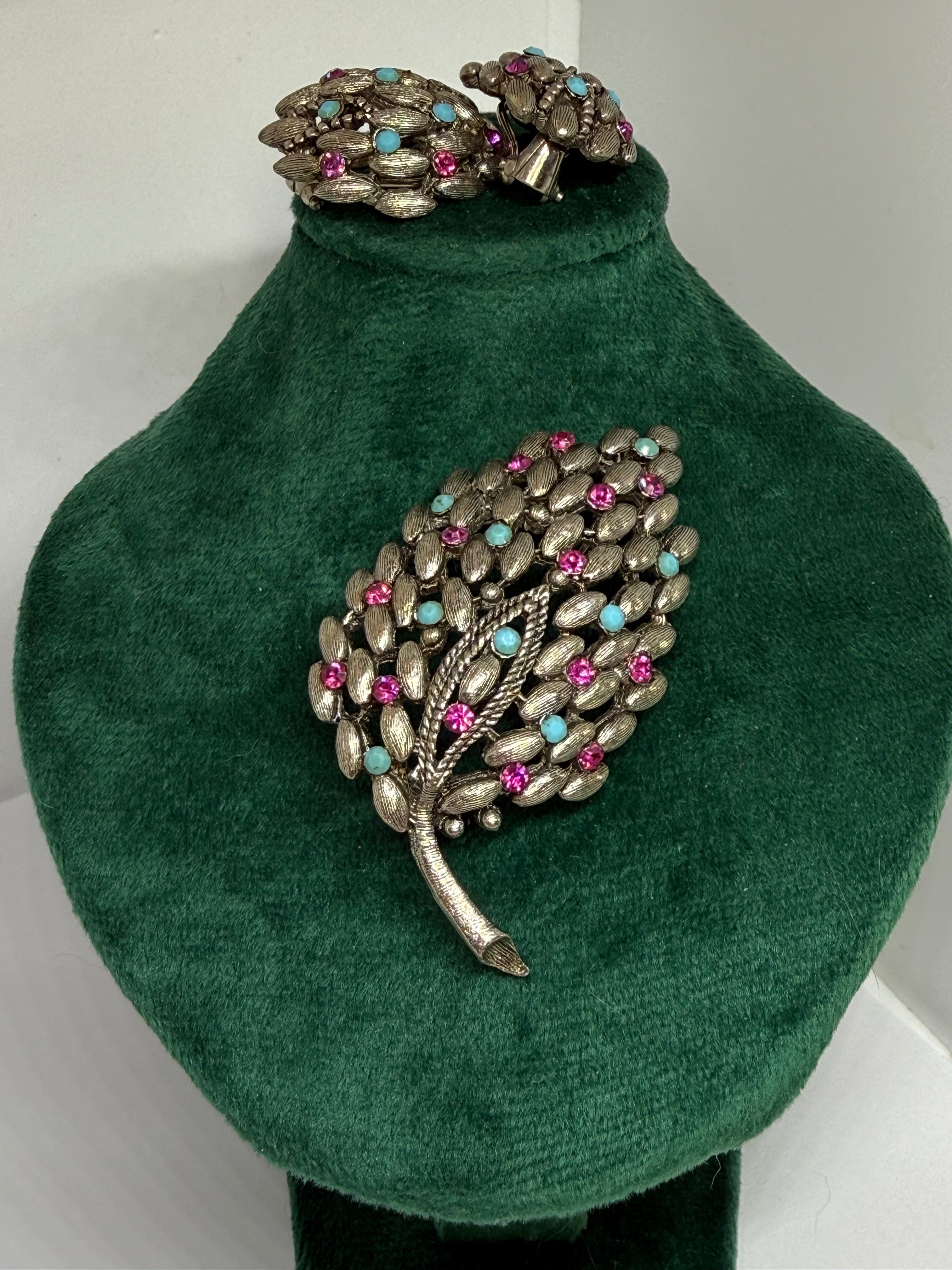 BSK Brooch and Earring Set - Peacock-Like Colours Themed - Silver, Purple and Blue - Peppermint-Twist-Vintage.com