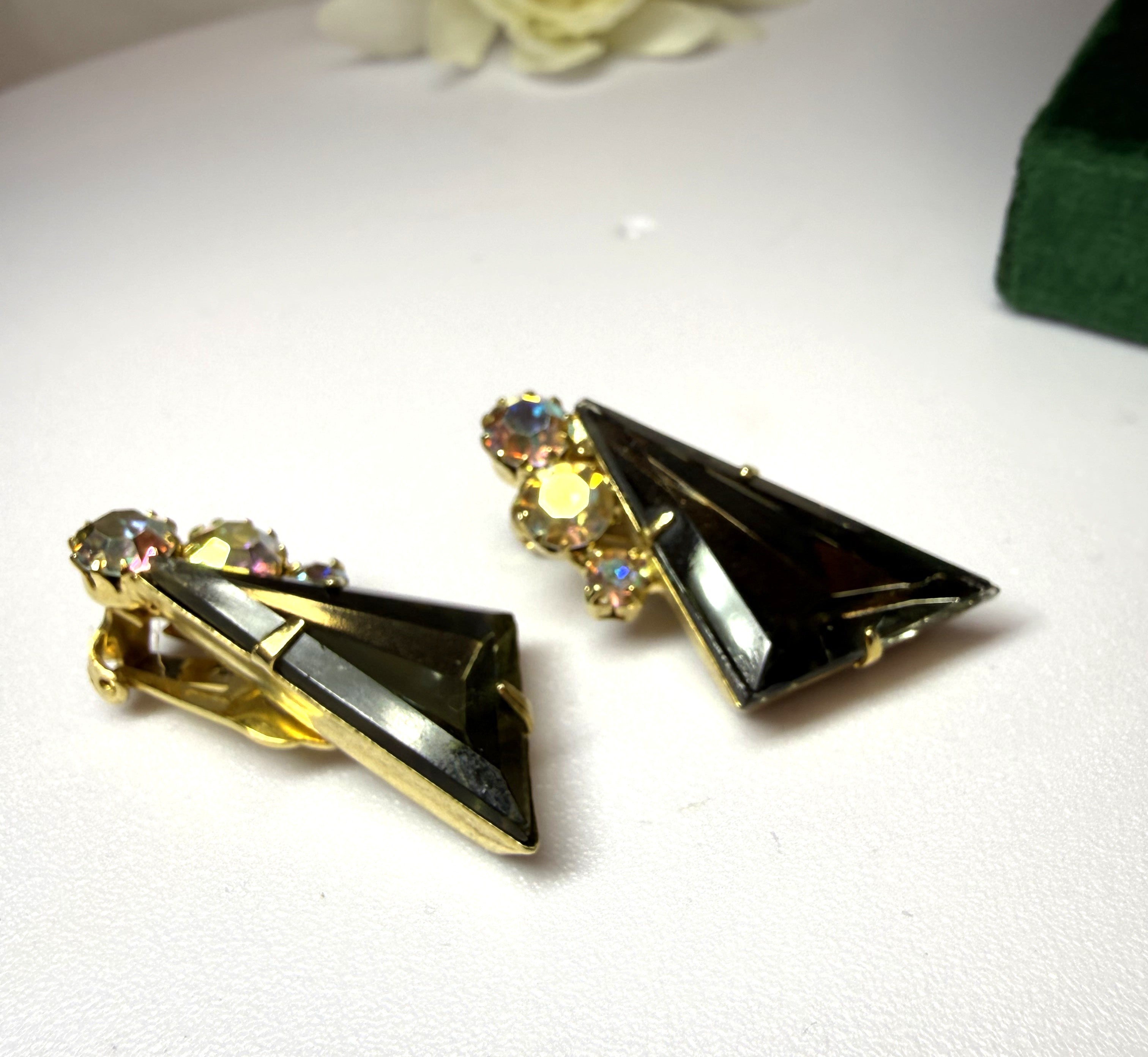 Gorgeous 1960s Austrian Crystal Clip-On Earrings - Smoky Grey Stones, Unique Triangle Shaped - Peppermint-Twist-Vintage.com