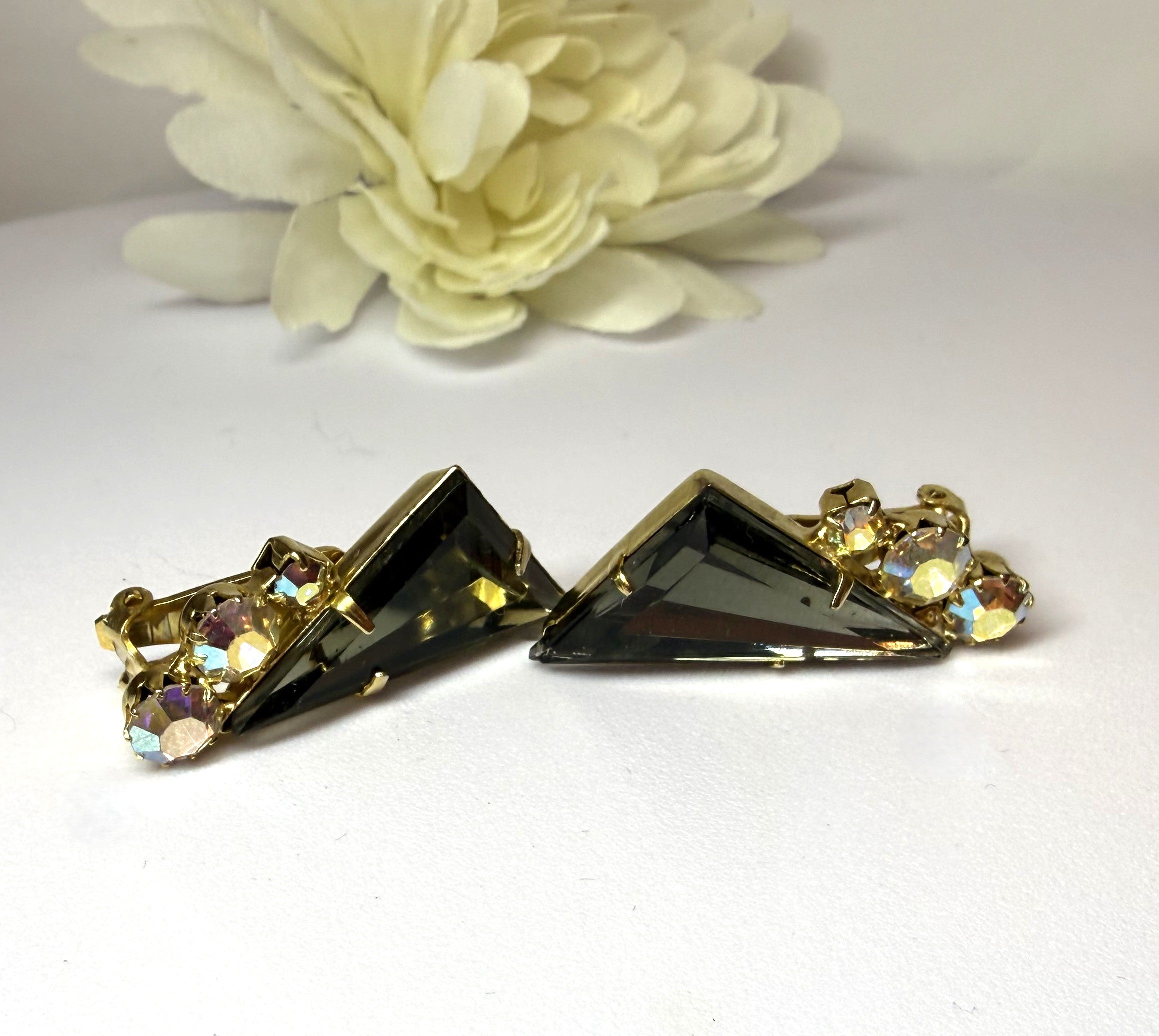 Gorgeous 1960s Austrian Crystal Clip-On Earrings - Smoky Grey Stones, Unique Triangle Shaped - Peppermint-Twist-Vintage.com