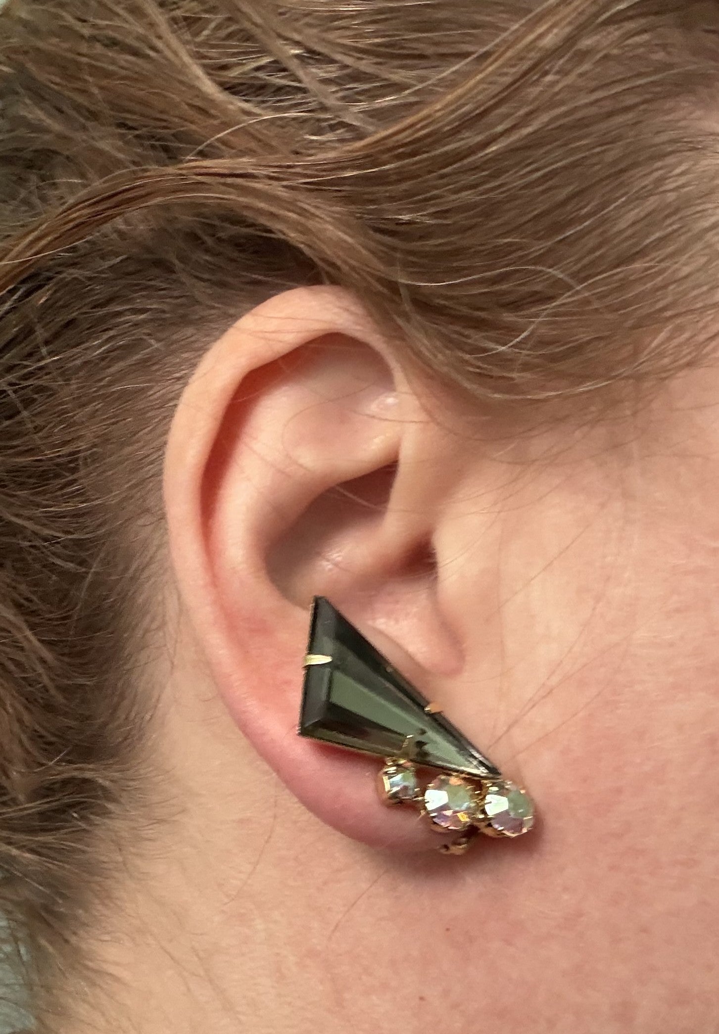 Gorgeous 1960s Austrian Crystal Clip-On Earrings - Smoky Grey Stones, Unique Triangle Shaped - Peppermint-Twist-Vintage.com