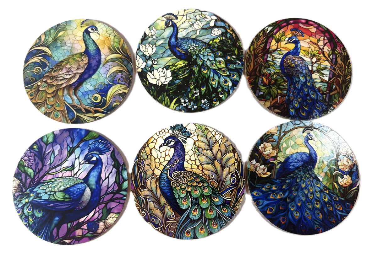 Coaster Set - Set of Peacock Coasters with Painted Black Iron Holder - Peppermint-Twist-Vintage.com