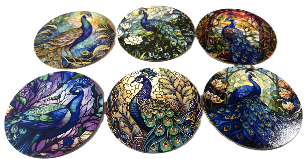 Coaster Set - Set of Peacock Coasters with Painted Black Iron Holder - Peppermint-Twist-Vintage.com