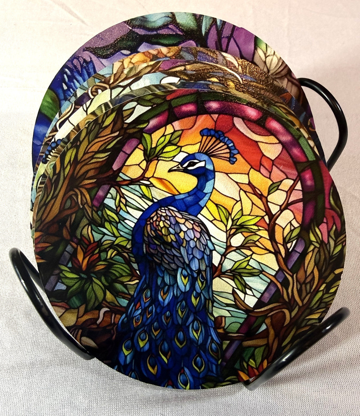 Coaster Set - Set of Peacock Coasters with Painted Black Iron Holder - Peppermint-Twist-Vintage.com