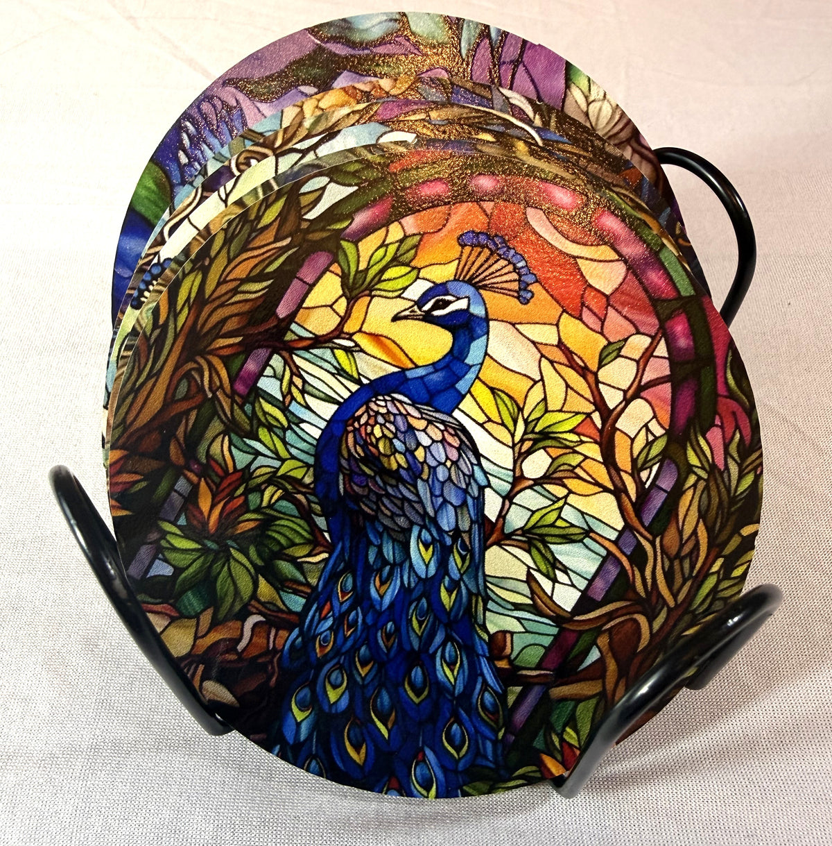 Coaster Set - Set of Peacock Coasters with Painted Black Iron Holder - Peppermint-Twist-Vintage.com